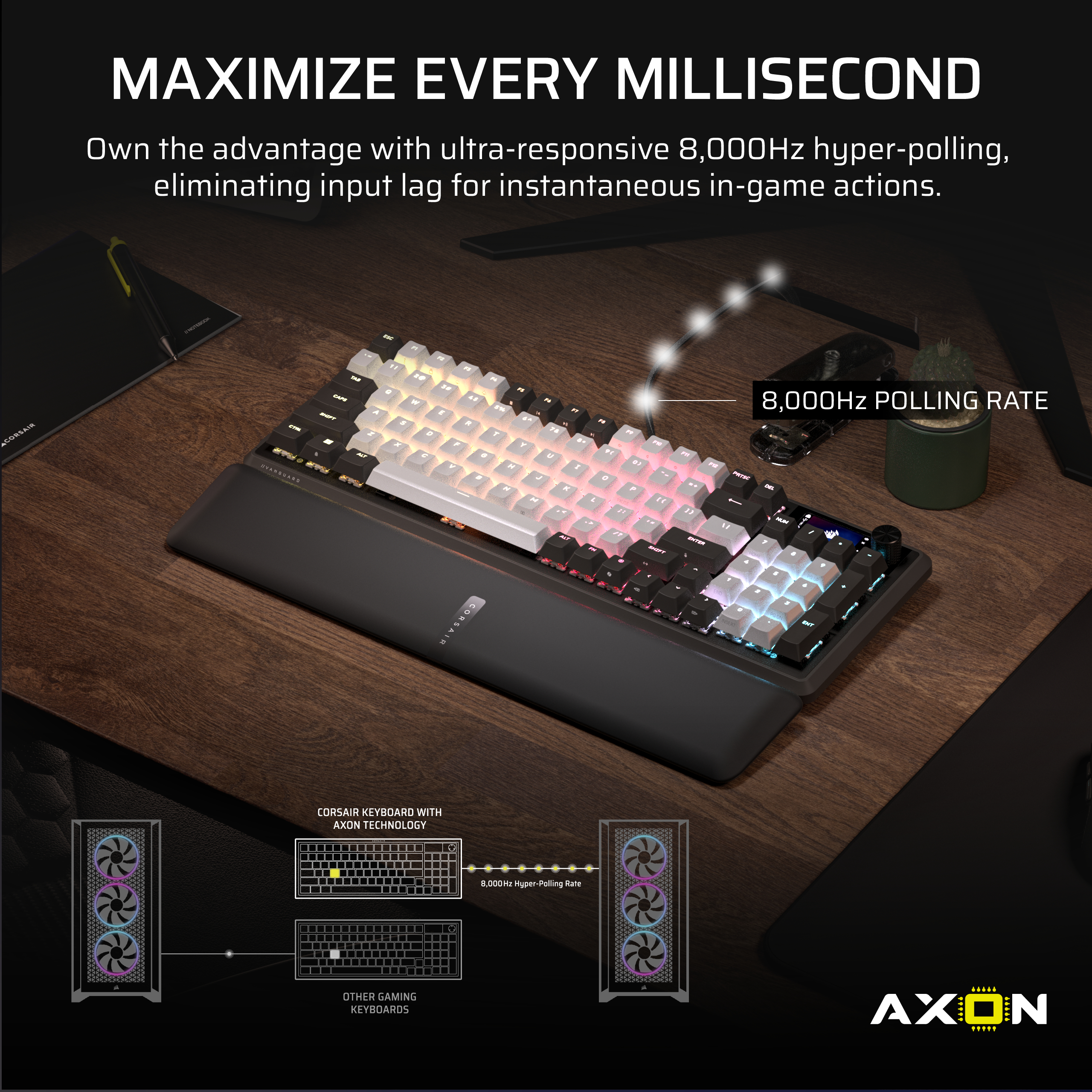 Eine Gaming-Tastatur mit bunten, hintergrundbeleuchteten Tasten liegt auf einem Holzschreibtisch. Ein Notizbuch und eine kleine Pflanze sind sichtbar.