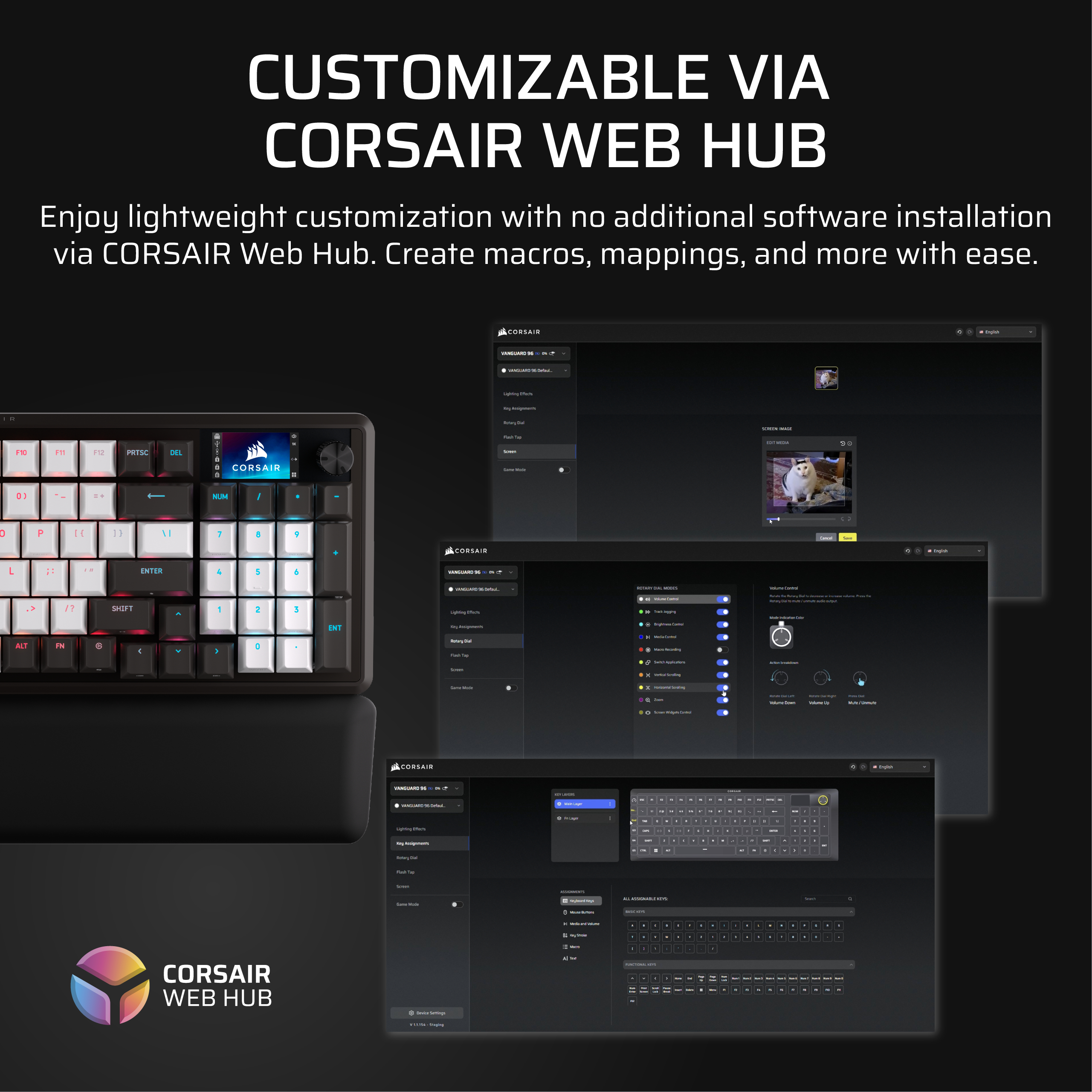 Eine schwarze Tastatur mit Bildschirm und Softwareoberfläche, anpassbar über Corsair Web Hub.