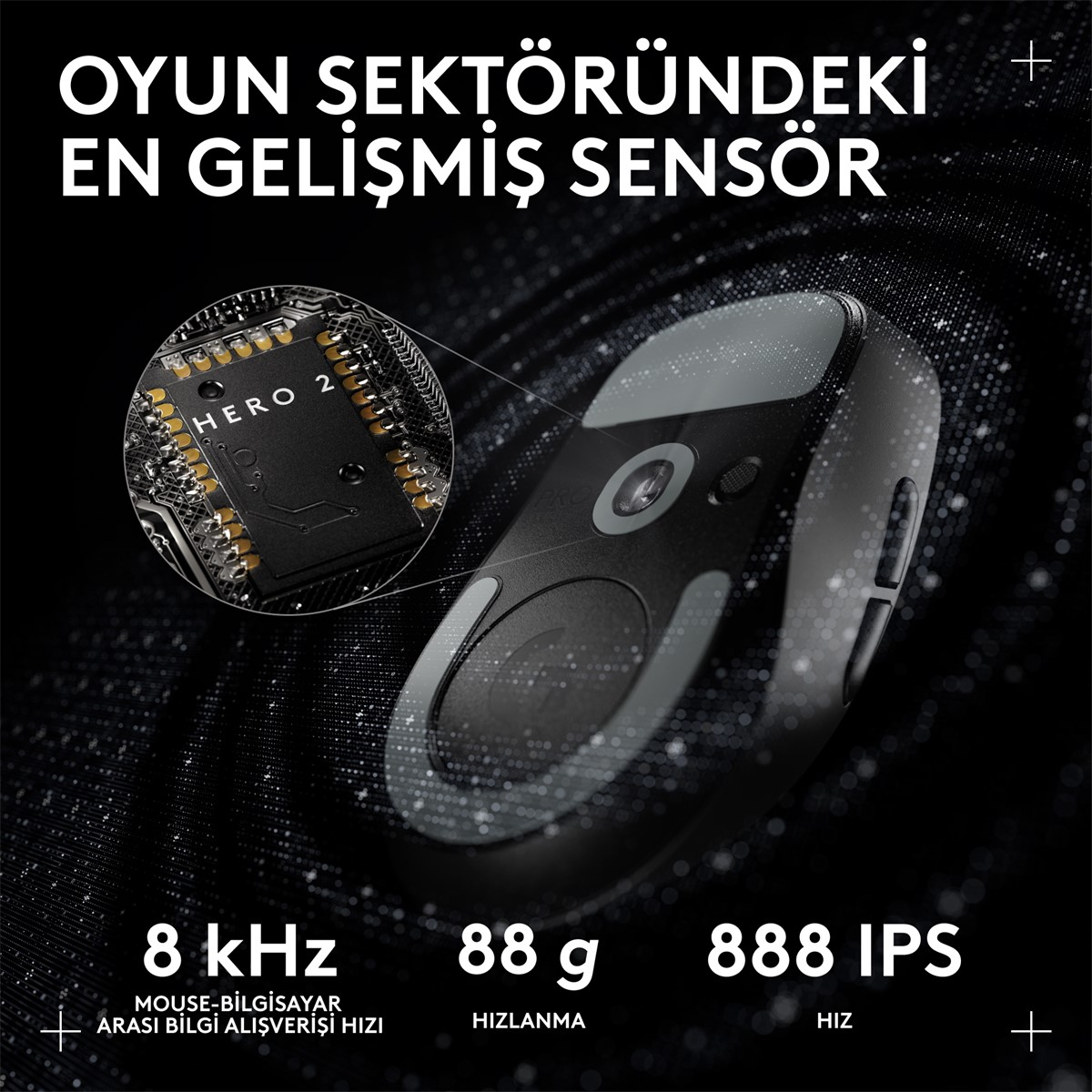 Oyun faresinin görüntüsü, sensör ve 8 kHz ve 88g gibi özellikler dahil olmak üzere özelliklerini açıklayan metinle.