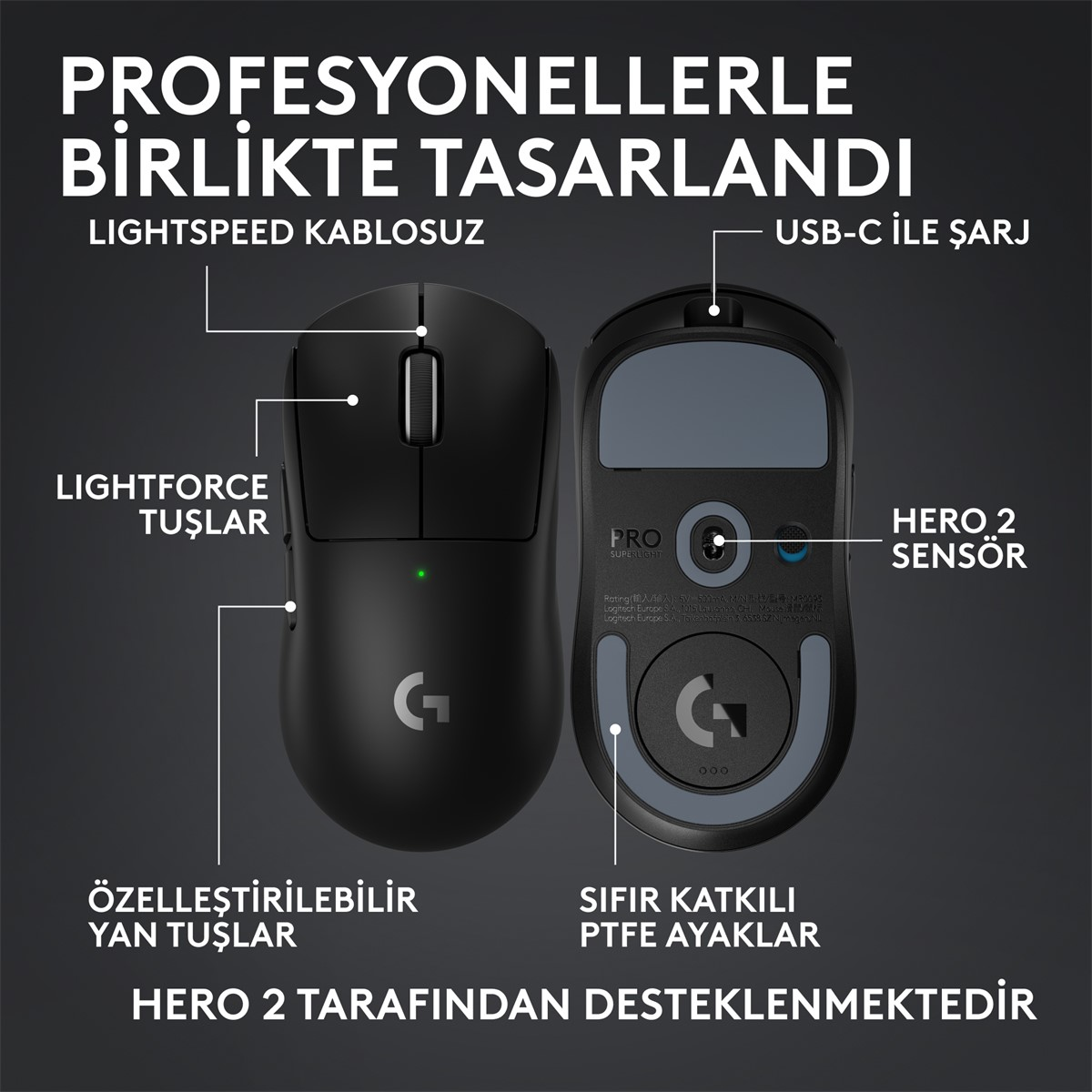Siyah Logitech fare. Metin özellikleri vurgular: Lightforce tuşları, Hero 2 sensörü, özelleştirilebilir yan tuşlar ve PTFE ayaklar.