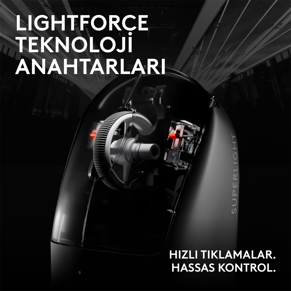 Dişliler ve kırmızı ışıklarla siyah fare, 'LIGHTFORCE TEKNOLOJI ANAHTARLARI' ve 'HIZLI TIKLAMALAR. HASSAS KONTROL.' metinleri.