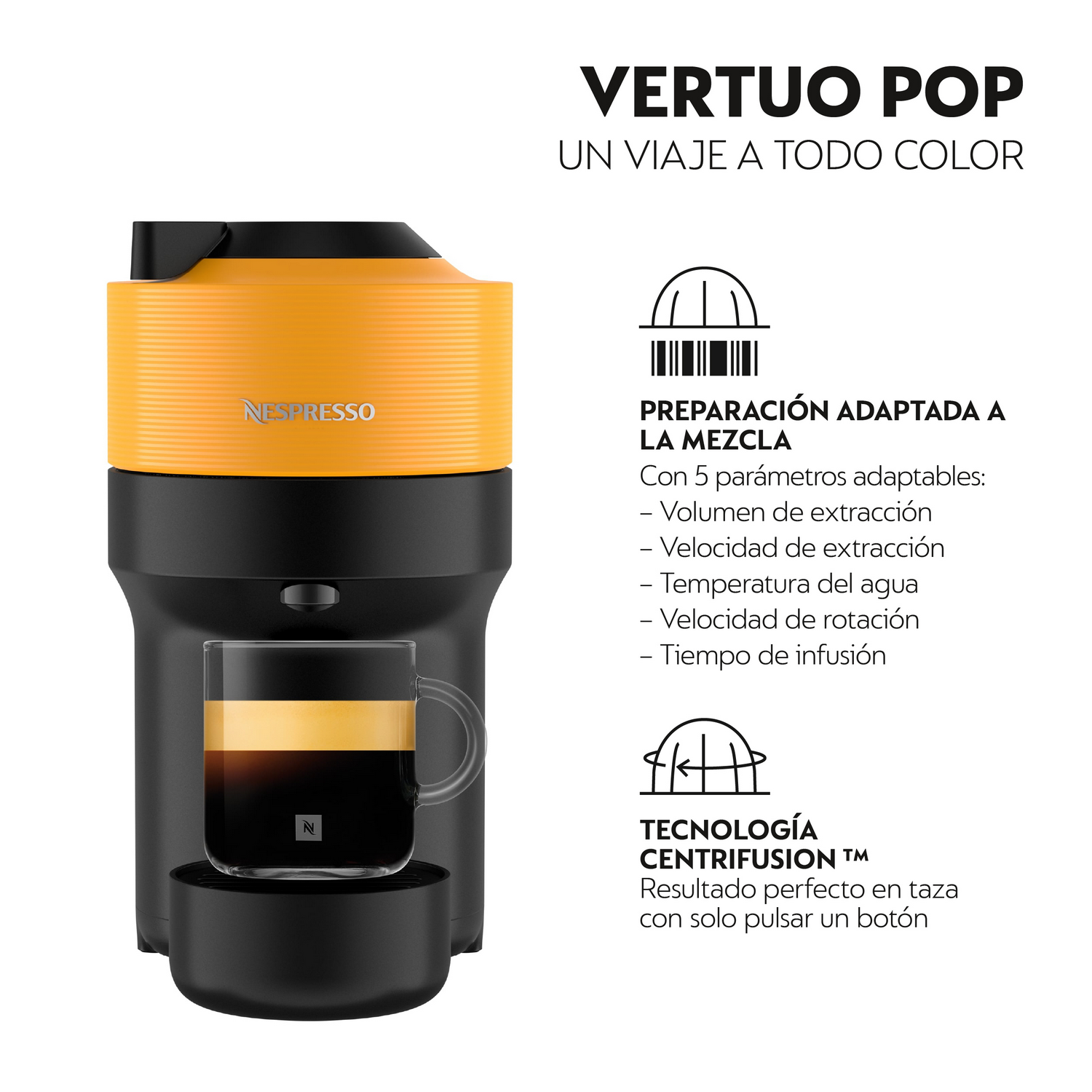 Una máquina Nespresso Vertuo Pop naranja y negra con una taza de vidrio llena de café. El texto describe características y tecnología Centrifusion.