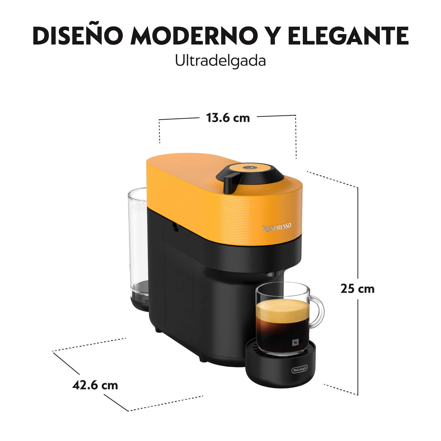 Una moderna máquina Nespresso, amarilla y negra, con un vaso de café. Se muestran las dimensiones de 13,6 cm, 25 cm y 42,6 cm.