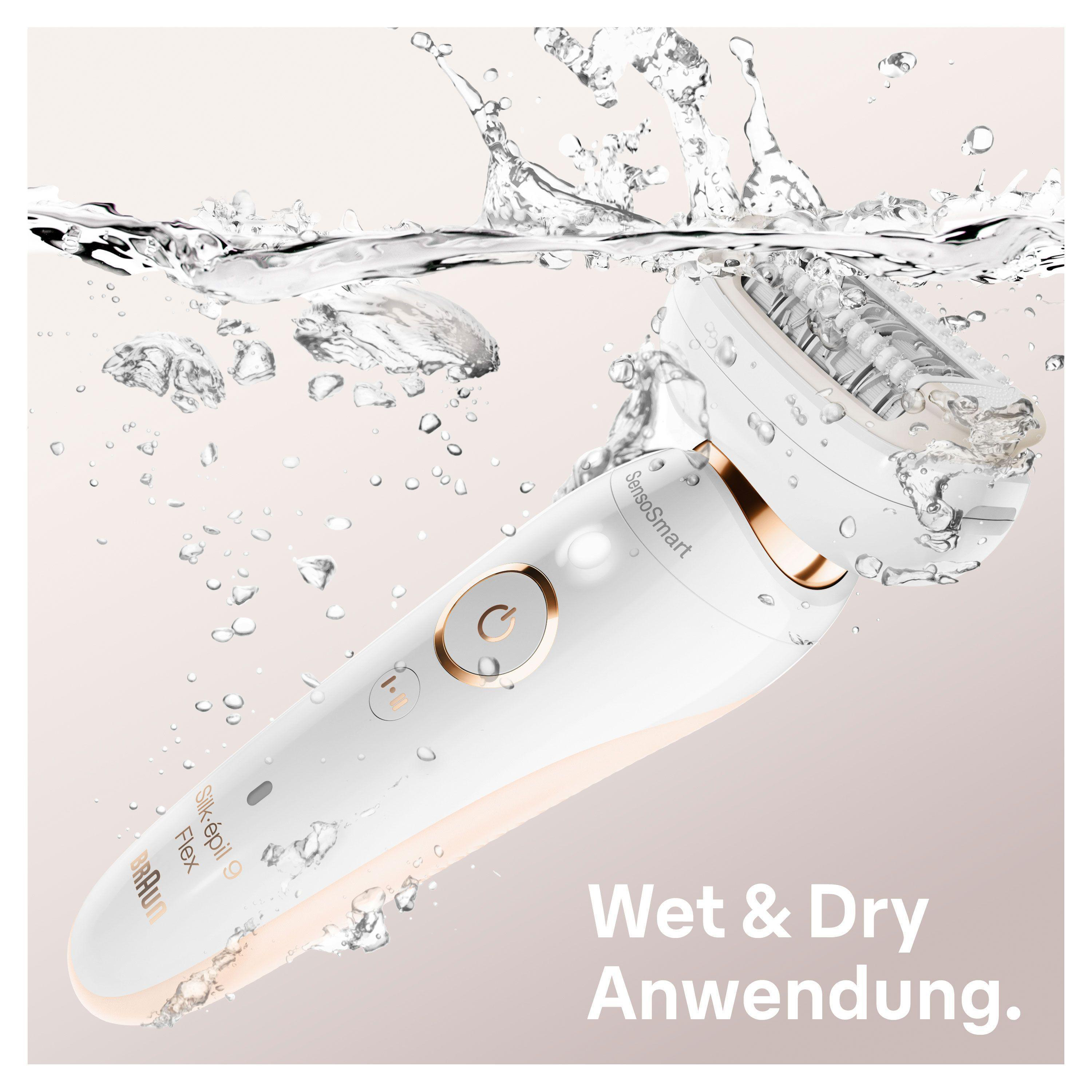 Ein Epilierer unter Wasser. Tropfen und Spritzer umgeben das Gerät. Text 'Wet & Dry Anwendung' ist sichtbar.