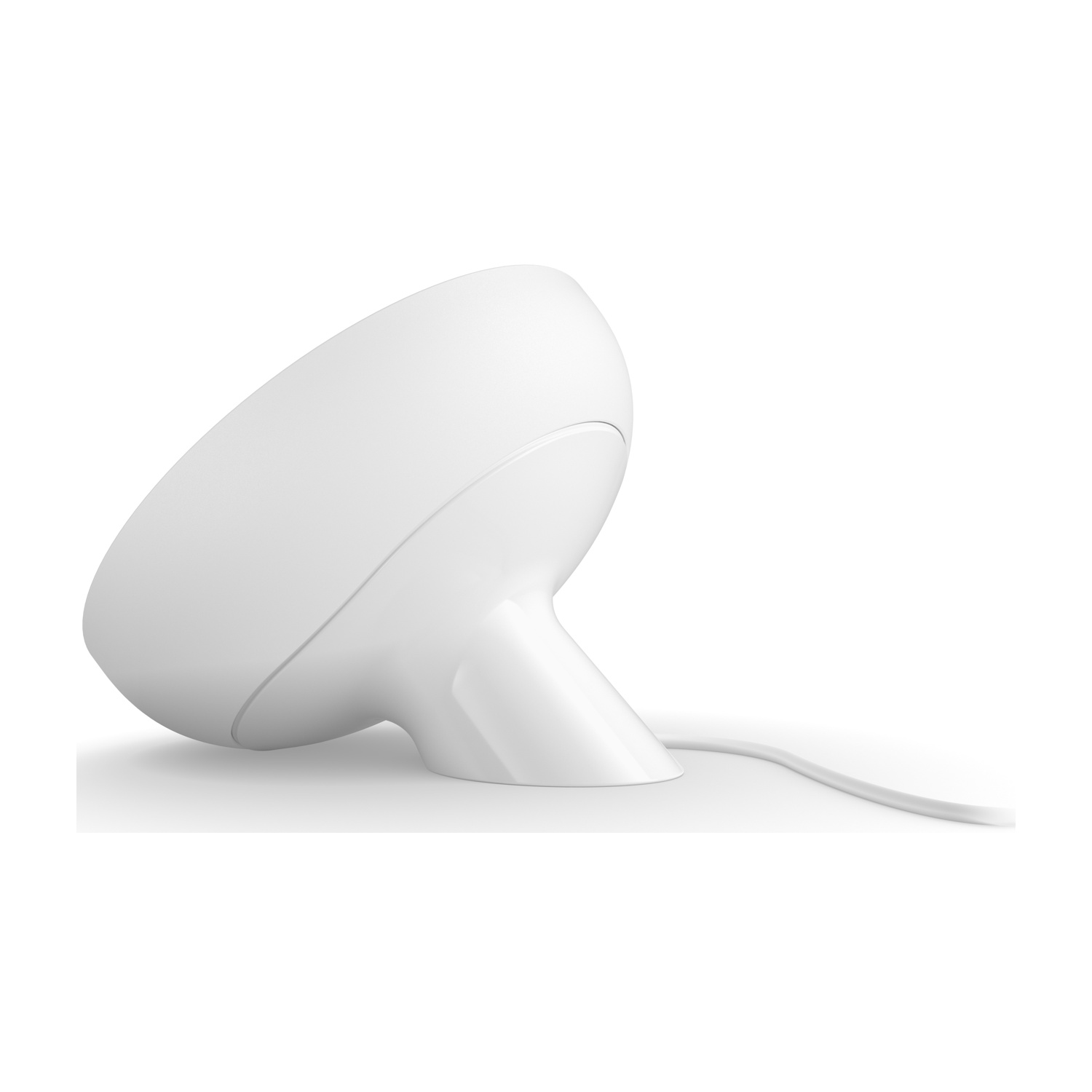 Una lampada bianca e moderna con la parte superiore arrotondata e una base curva. Un cavo bianco si estende a destra.