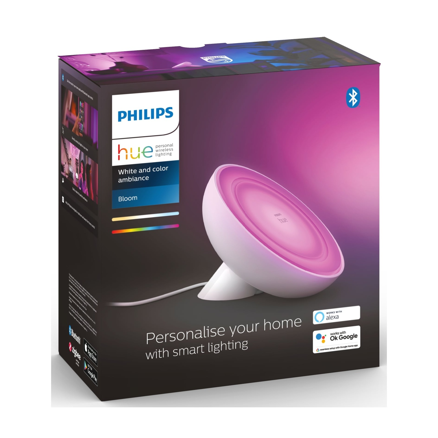 Una lampada Philips Hue Bloom su una scatola con testo e un'icona Bluetooth. La lampada è bianca, emette luce rosa e la scatola è nera.