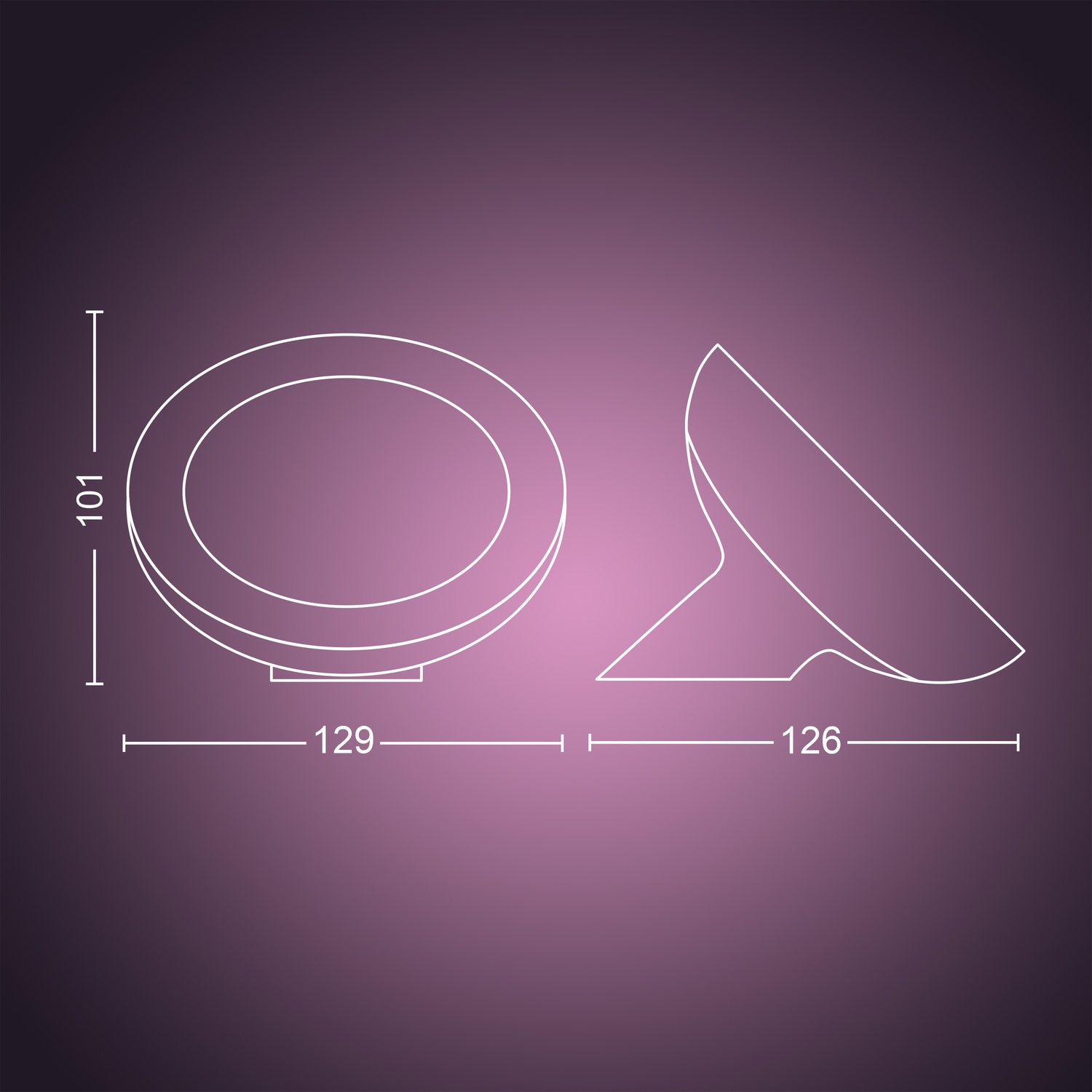 Disegno al tratto di un oggetto di design, con viste frontali e laterali, con dimensioni. Lo sfondo è una sfumatura dal viola al viola scuro.