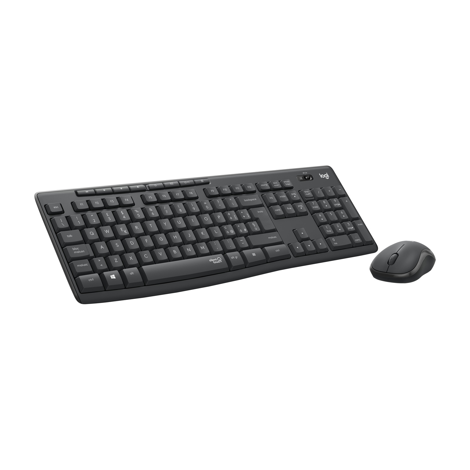 Un set di tastiera e mouse wireless neri su una superficie bianca. La tastiera ha tasti e un mouse a destra.