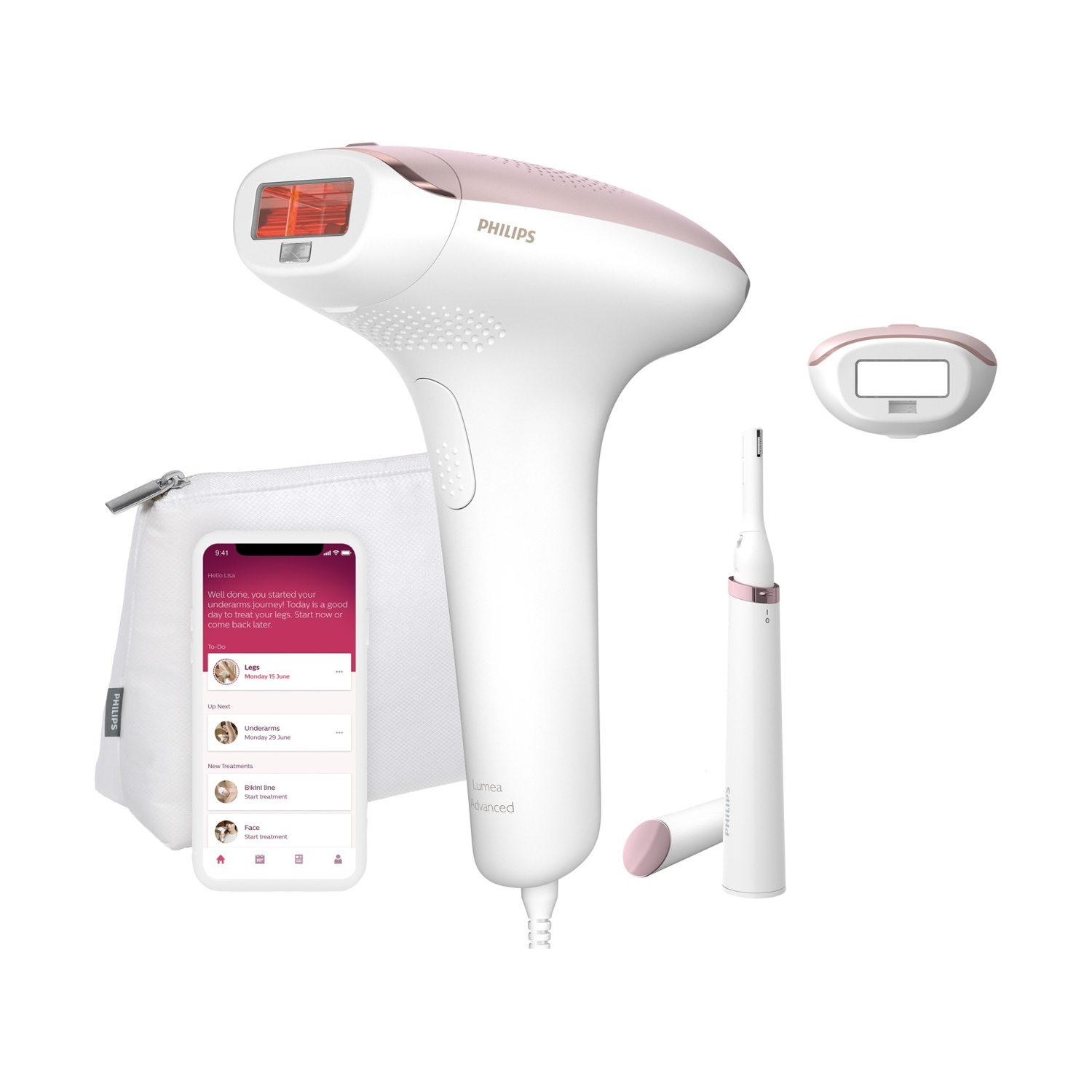 Un dispositivo Philips Lumea bianco e oro rosa, accessori, un astuccio e uno smartphone con dettagli del trattamento. Tutto su sfondo bianco.