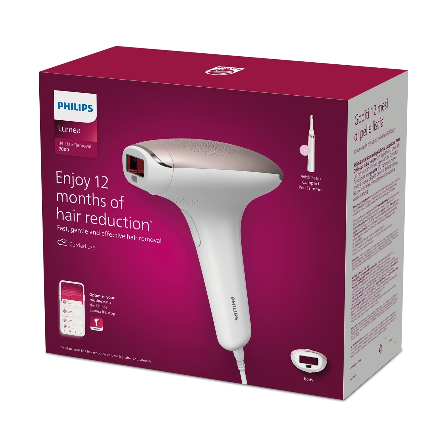 Dispositivo per la rimozione dei peli IPL Philips Lumea in una scatola con un rifinitore a penna. Il testo sulla scatola dice 'Goditi 12 mesi di riduzione dei peli'.