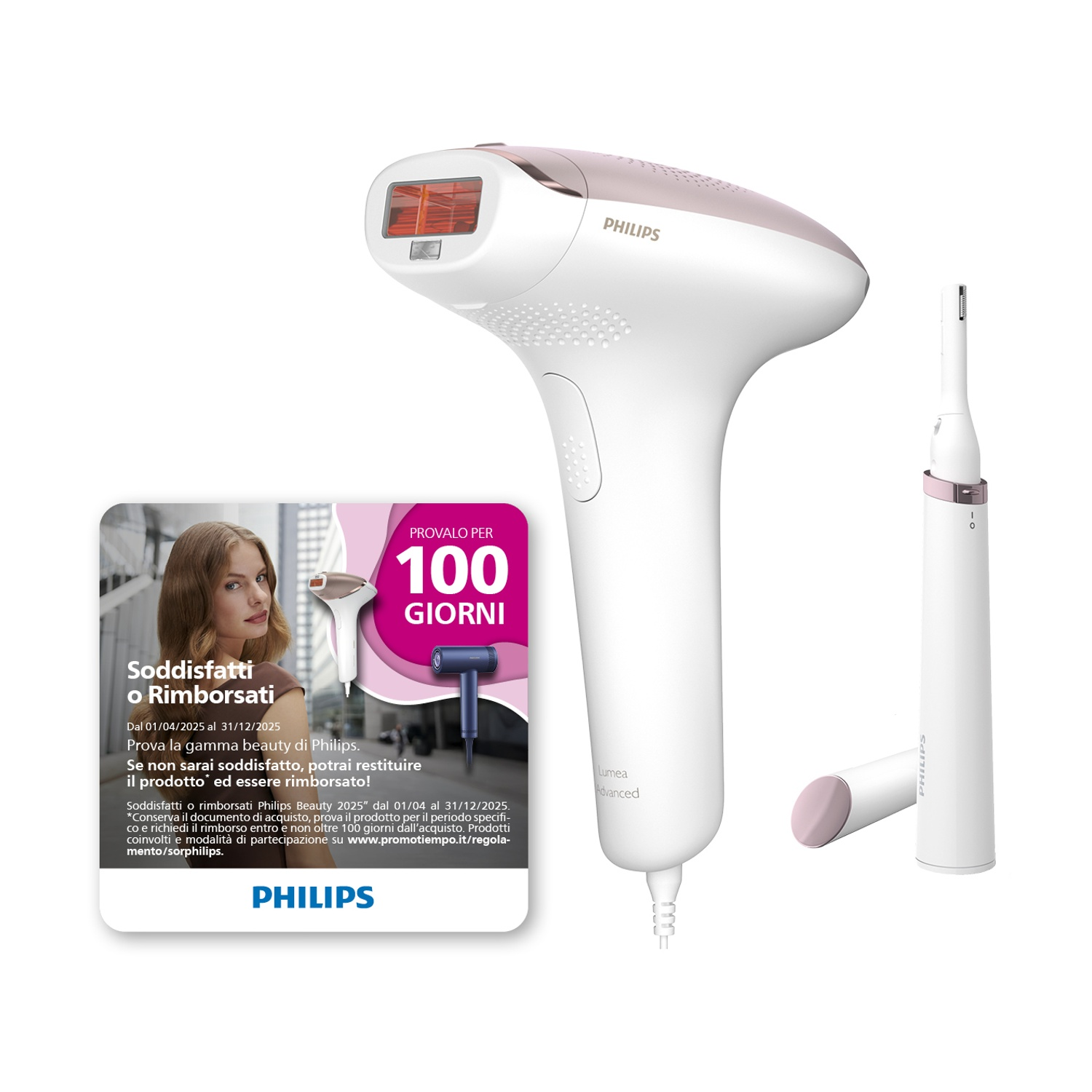 Dispositivo di epilazione Philips Lumea Advanced con accessori e scheda promozionale. Dominano bianco e oro rosa.