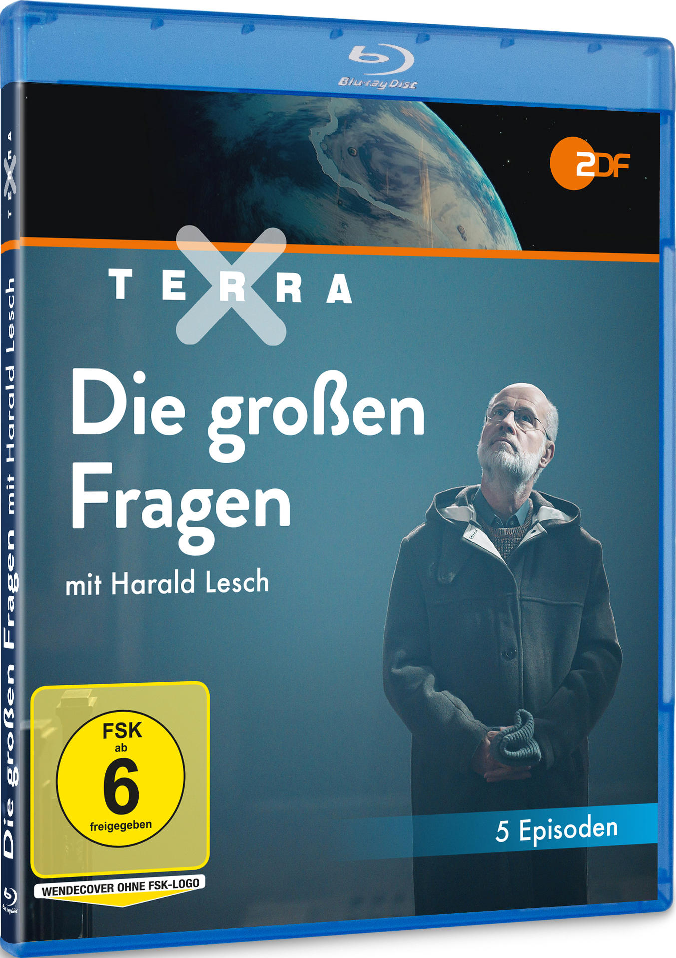 Blu-ray-Cover. Titel 'Die großen Fragen' mit Harald Lesch. Mann blickt nach oben. FSK-Einstufung 6. Erde- und Weltraumhintergrund.