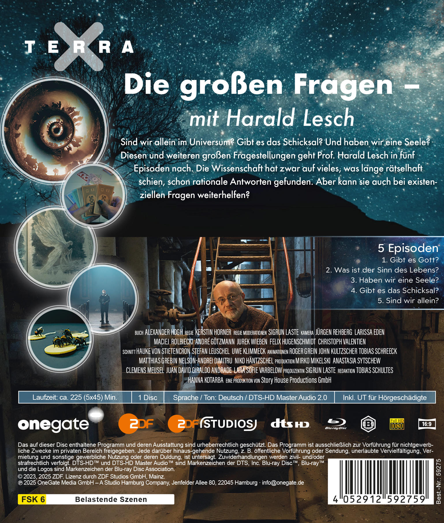Blu-ray-Cover mit dem Titel: Die großen Fragen. Mit Harald Lesch. Enthält einen Mann, Geld und andere Bilder.