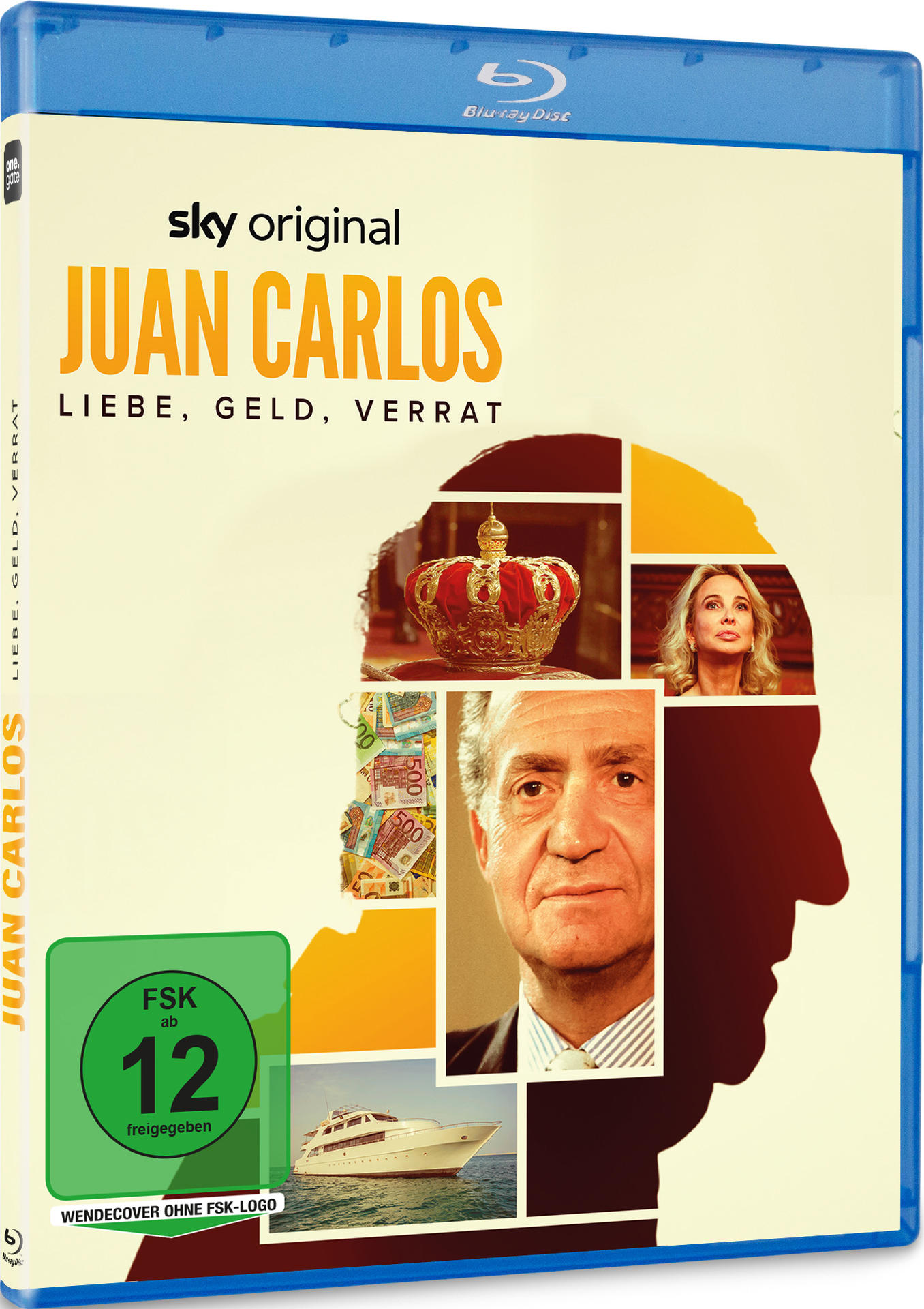 Blu-ray-Hülle. Zeigt Juan Carlos, eine Krone, Geld, eine Frau und eine Yacht. Text: Juan Carlos Liebe, Geld, Verrat.