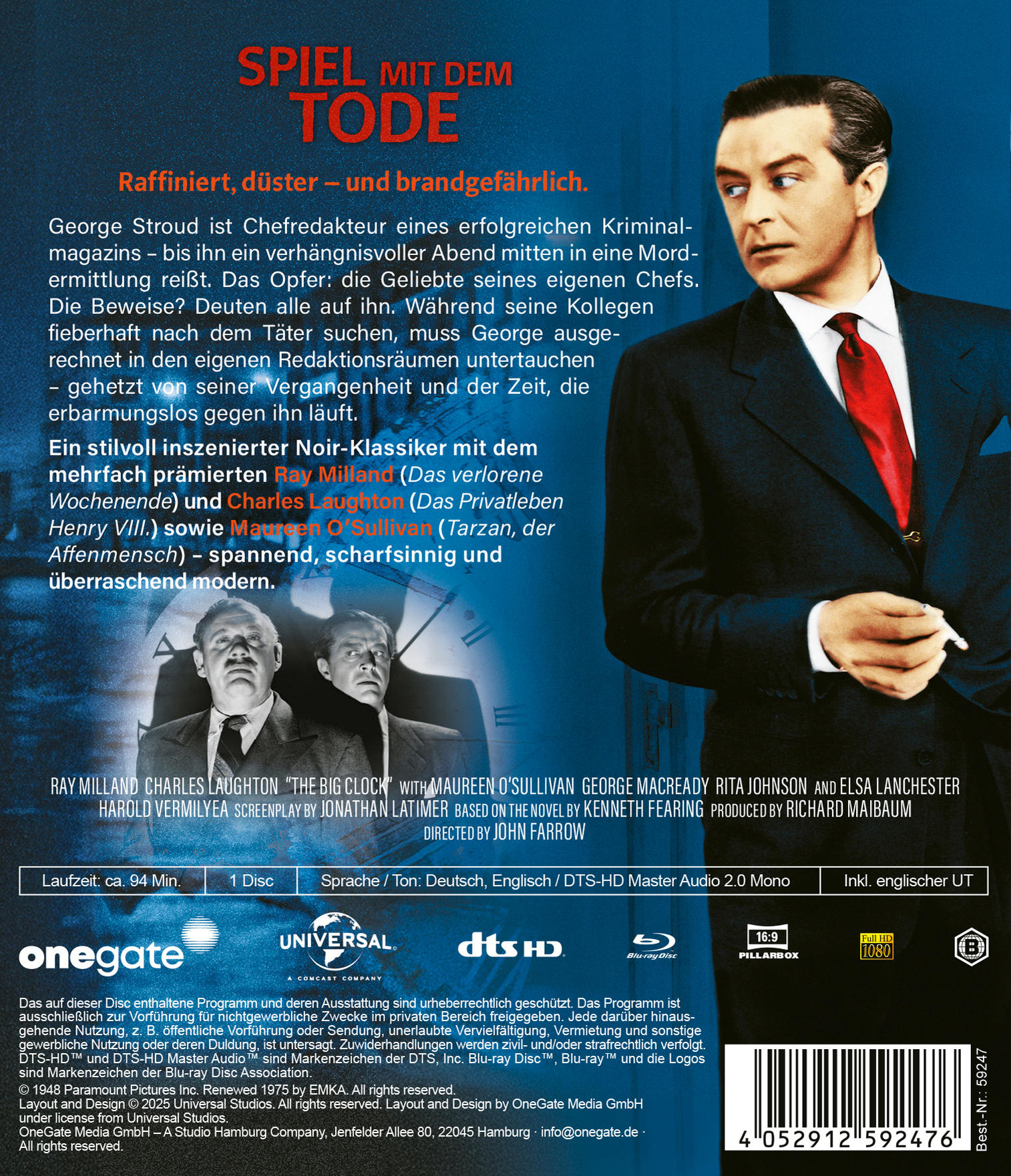 Filmposter mit einem Mann im Anzug und roter Krawatte. Deutscher Text beschreibt den Film, Schauspieler und Details.
