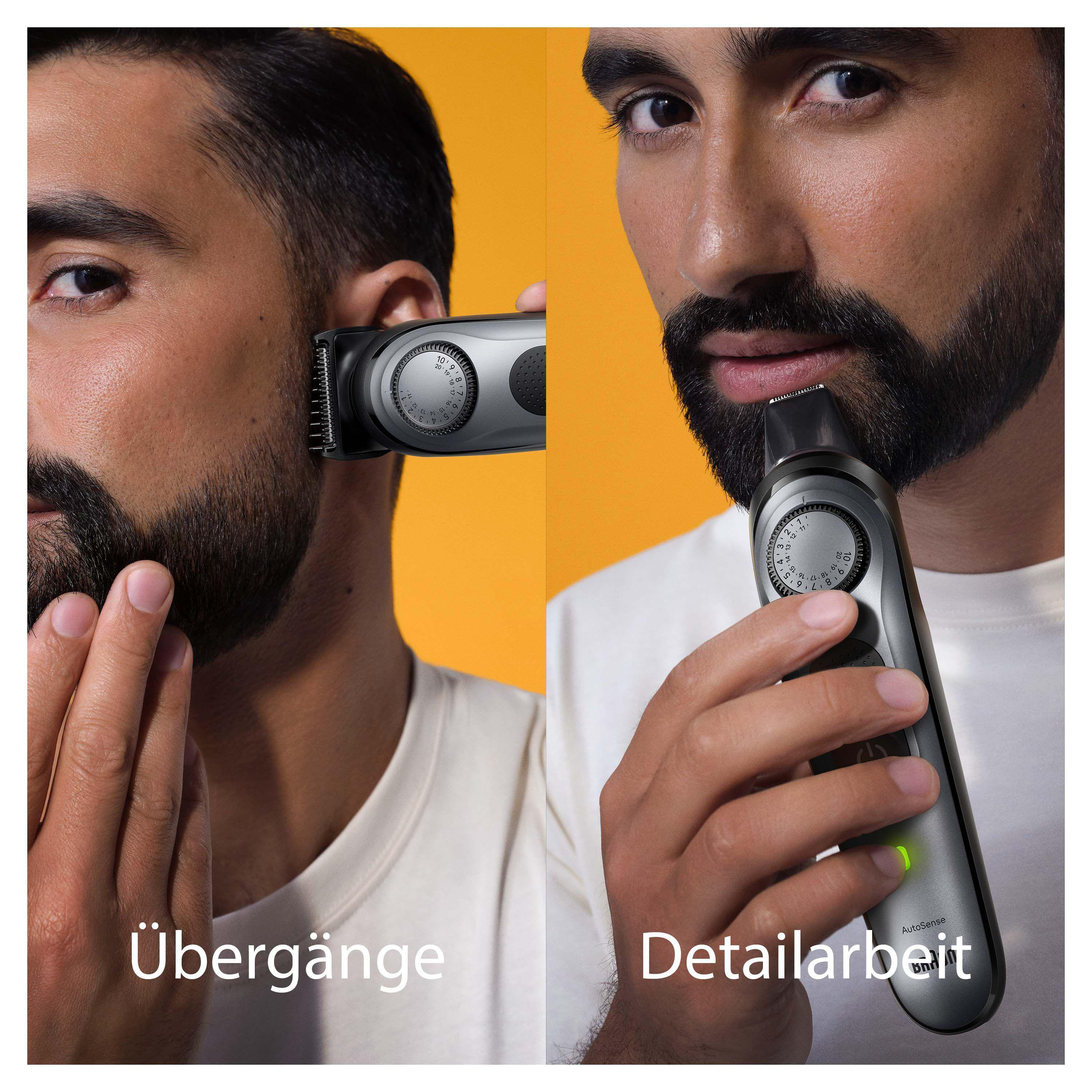 Das Bild zeigt einen Mann, der seinen Bart mit einem Trimmer schneidet. Zwei Abschnitte durch einen gelben Hintergrund geteilt.