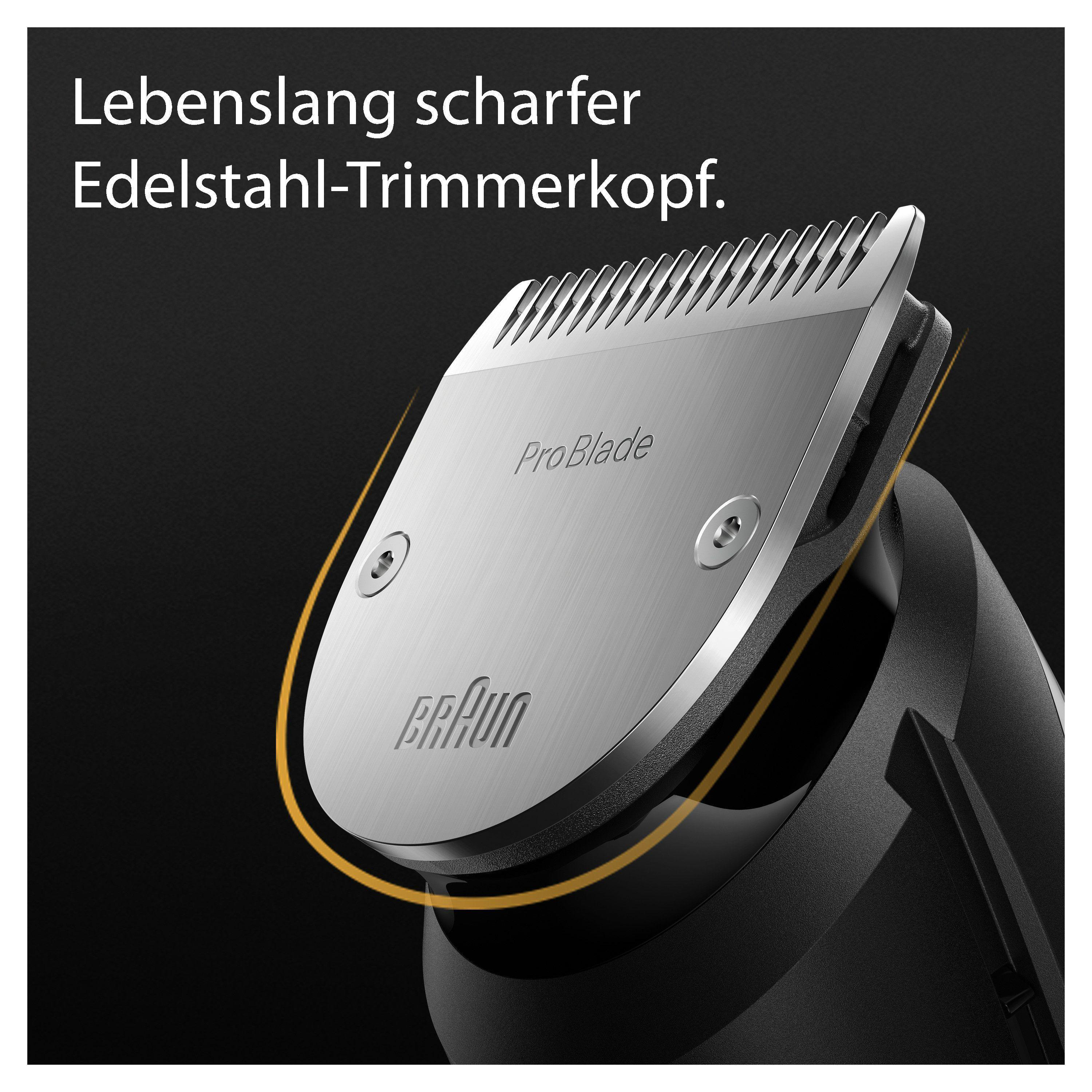Nahaufnahme eines silbernen Trimmerkopfes mit den Wörtern ProBlade und Braun vor schwarzem Hintergrund.