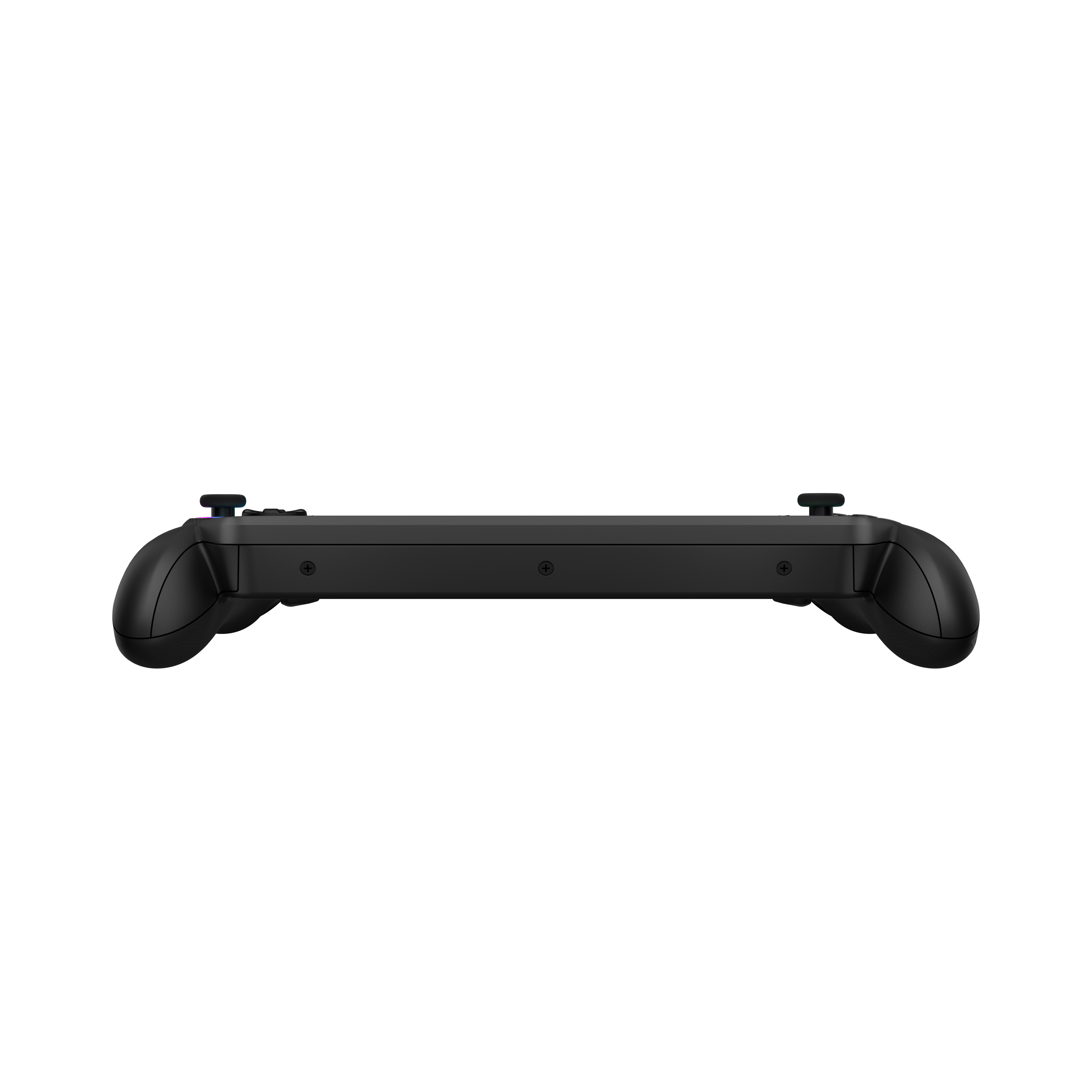 Yan taraftan görünen siyah bir oyun kontrolcüsü. Düğmeleri, joystickleri ve bir artı işareti var.