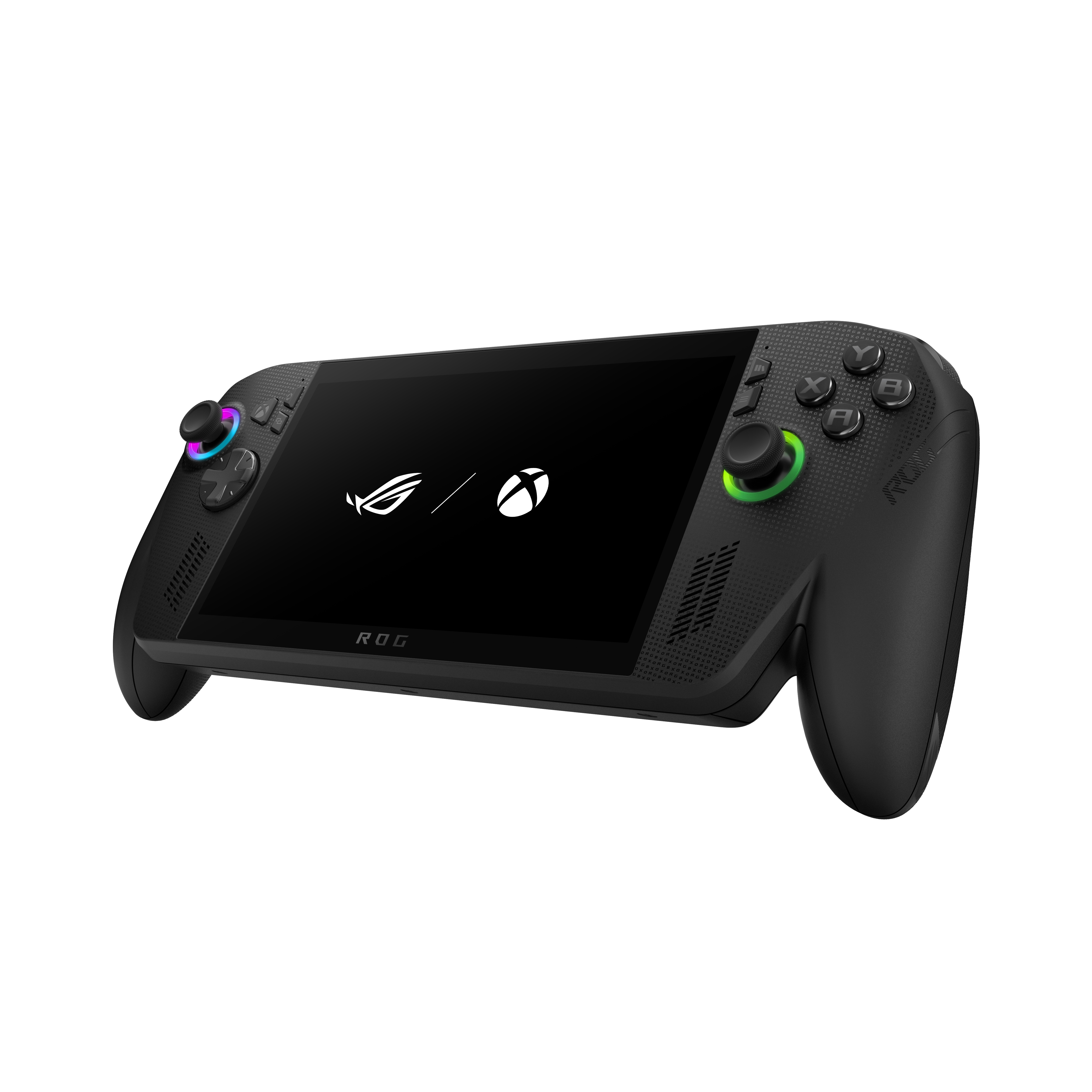 Logoları gösteren ekranlı siyah el tipi oyun cihazı. Düğmeleri ve joystickleri var, beyaz zemin üzerinde.