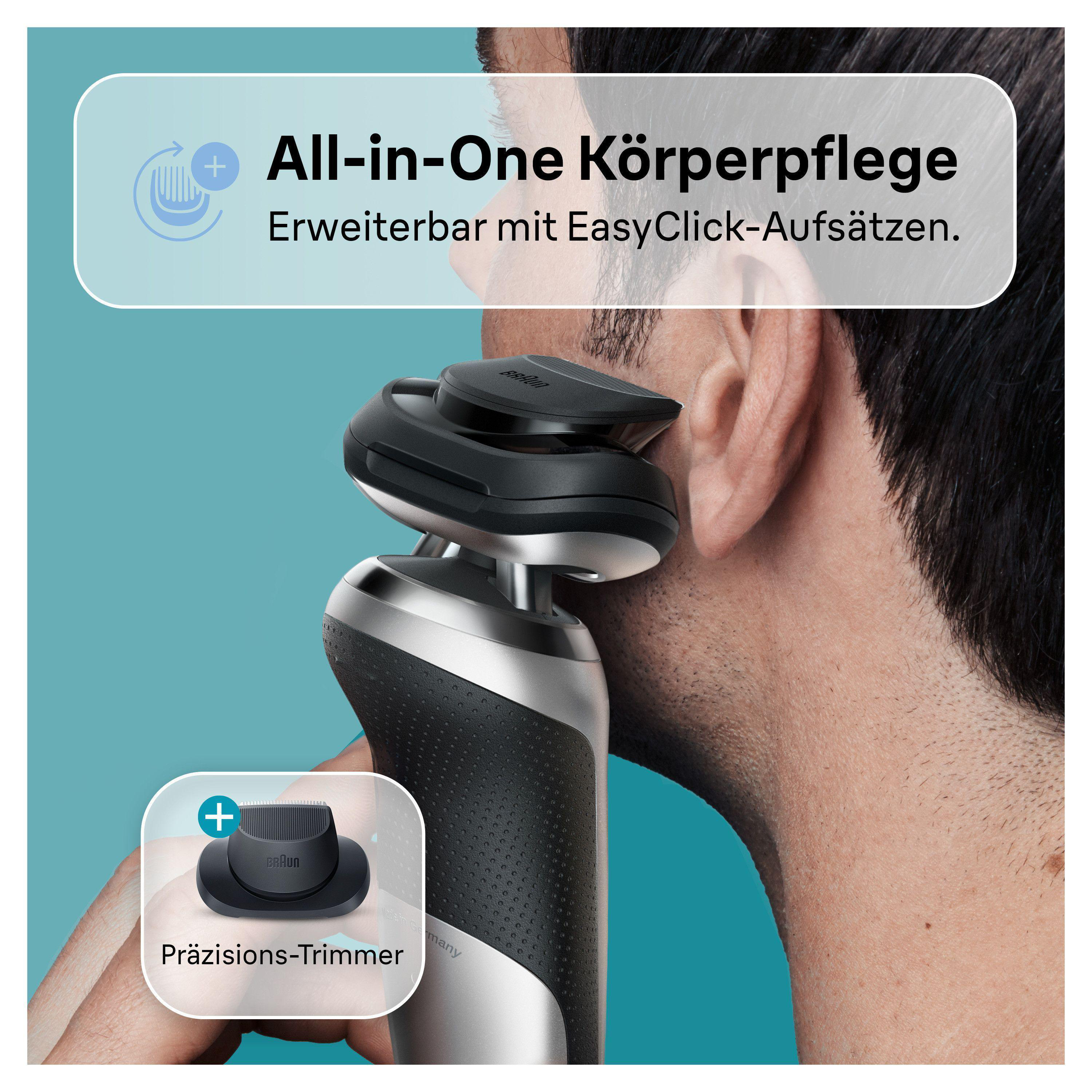 Ein Mann rasiert sich mit einem elektrischen Rasierer von Braun. Das Bild zeigt Text und einen Trimmeraufsatz.