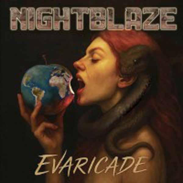 Albumcover: Frau isst einen weltförmigen Apfel, Schlange um sie herum. Nightblaze und Evaricade stehen oben und unten.