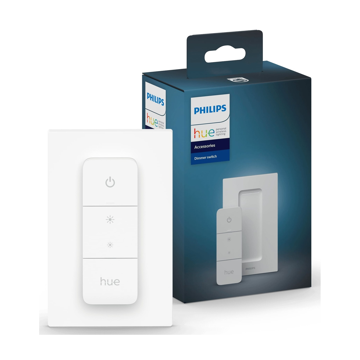 Interruttore dimmer Philips Hue bianco e confezione. L'interruttore ha tre pulsanti. La scatola è blu scuro.