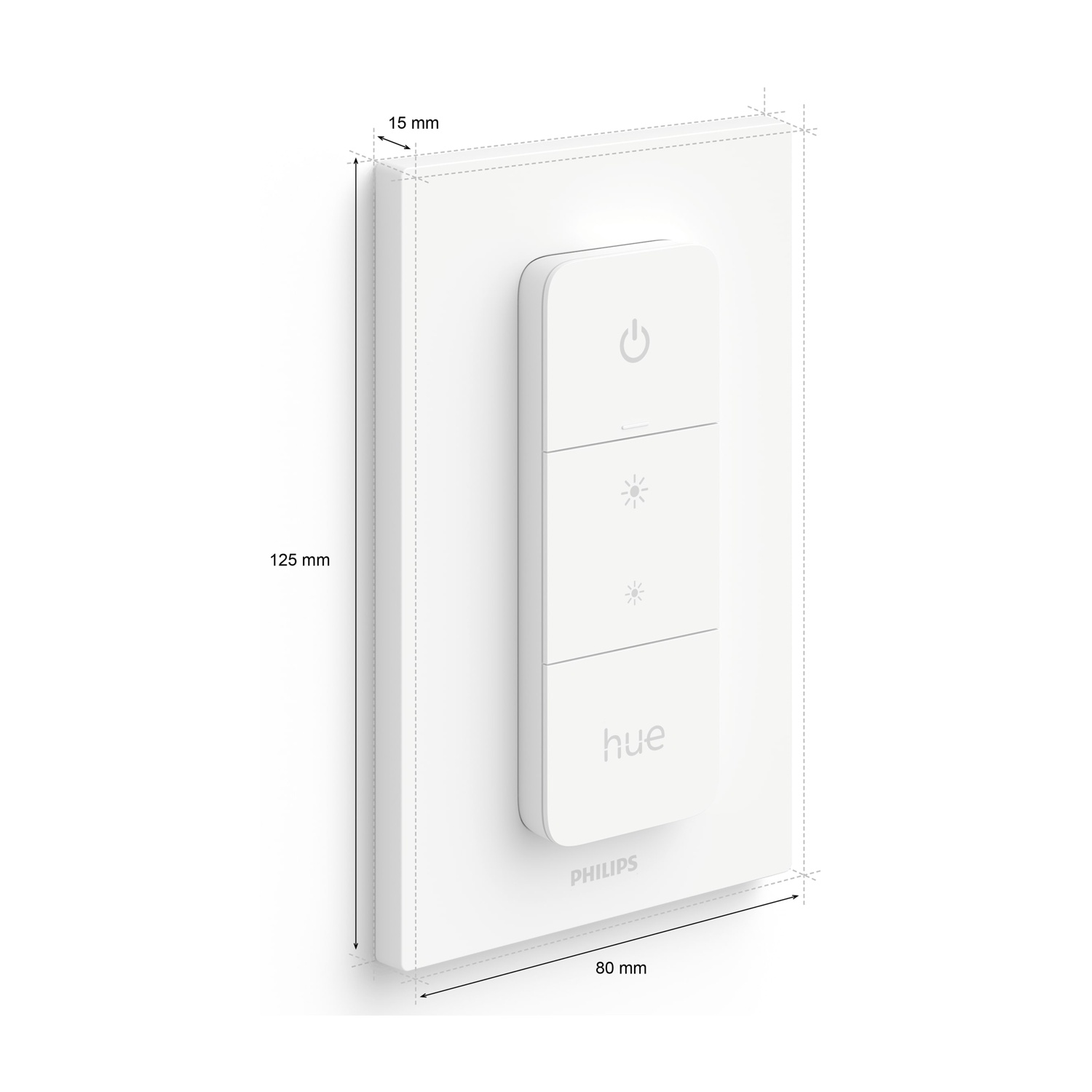 Interruttore intelligente Philips Hue bianco. Ha comandi di accensione, luminosità e attenuazione. Dimensioni indicate: 125x80x15 mm.