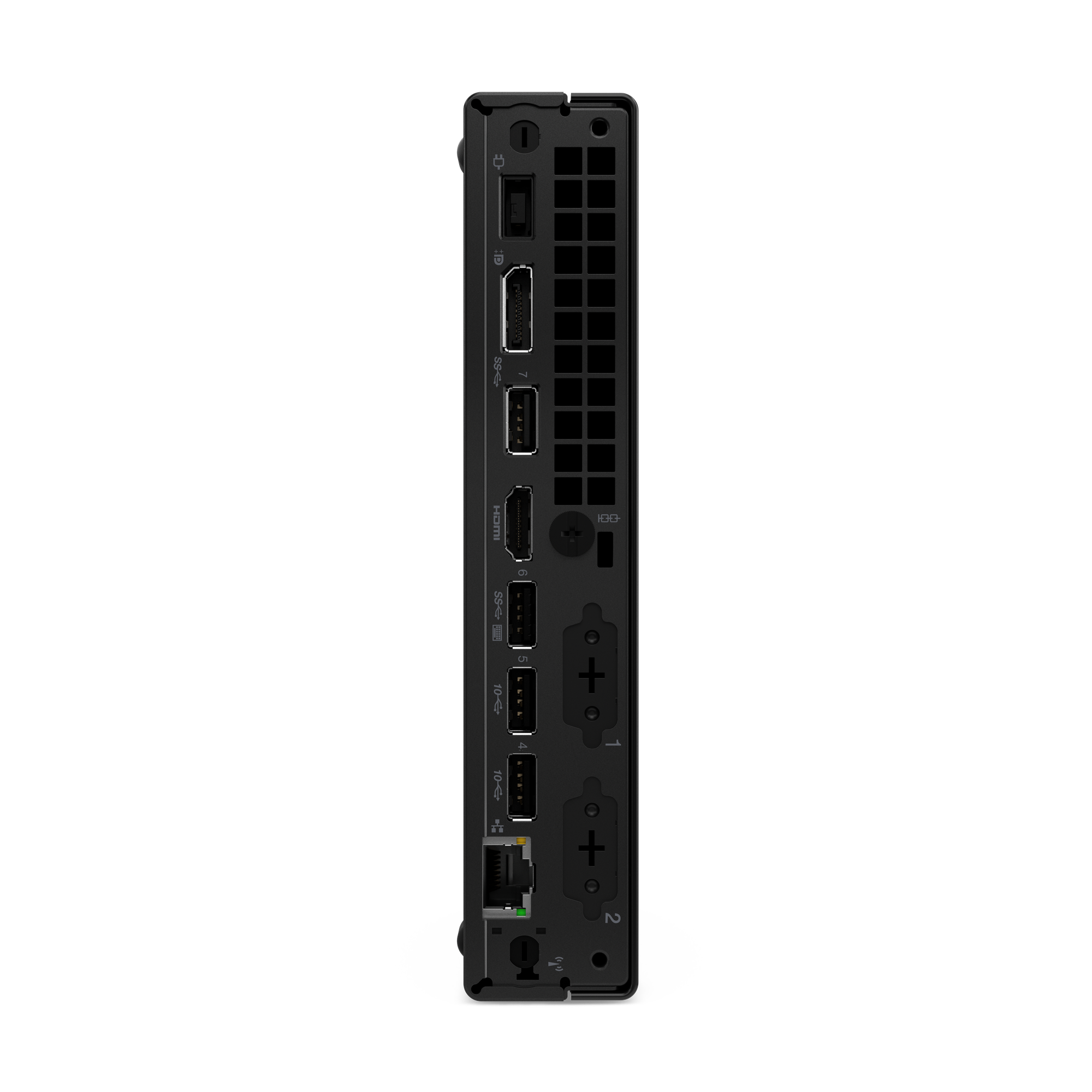 Schwarzes Computergerät mit sichtbaren Anschlüssen und Lüftungsschlitzen. Enthält HDMI, USB und andere Anschlusstypen.