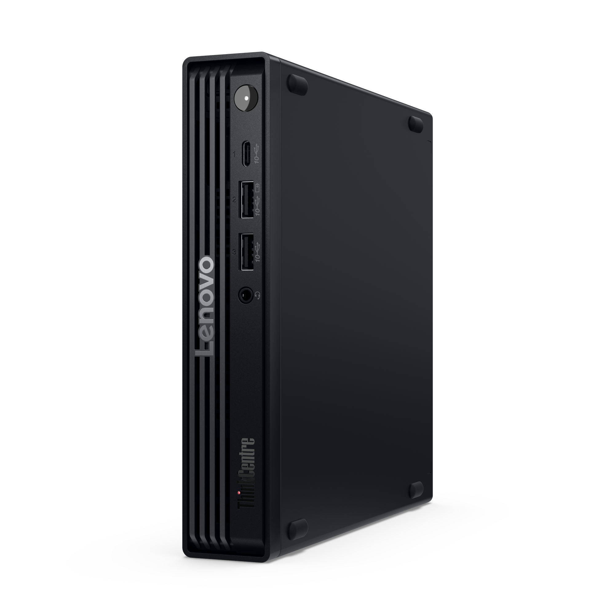 Schwarzer Lenovo ThinkCentre Mini-PC. Er hat Anschlüsse, einen Ein/Aus-Knopf und Lenovo/ThinkCentre-Branding.