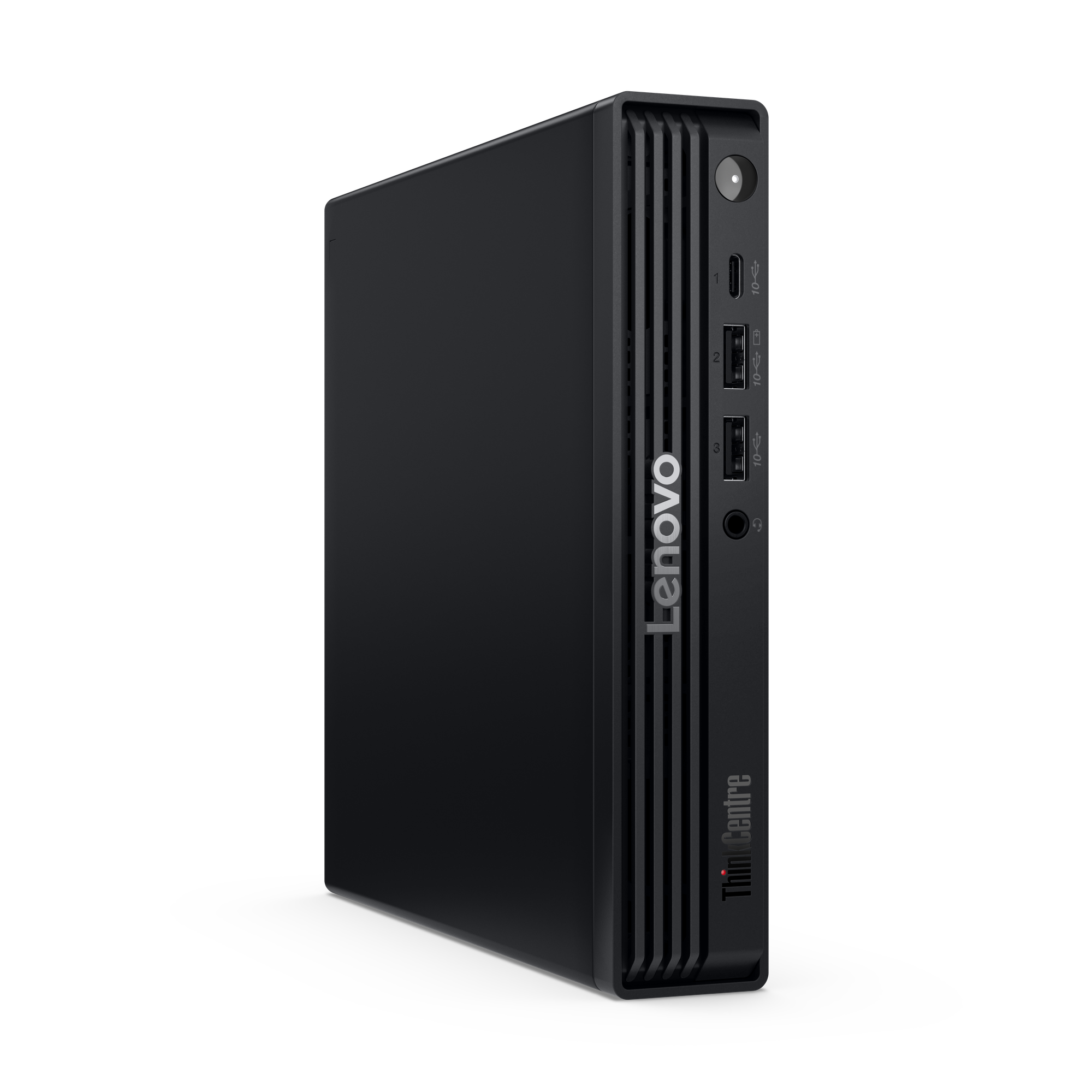 Schwarzer Lenovo ThinkCentre Computer auf schwarzem Hintergrund. Es hat Anschlüsse und einen Einschaltknopf.