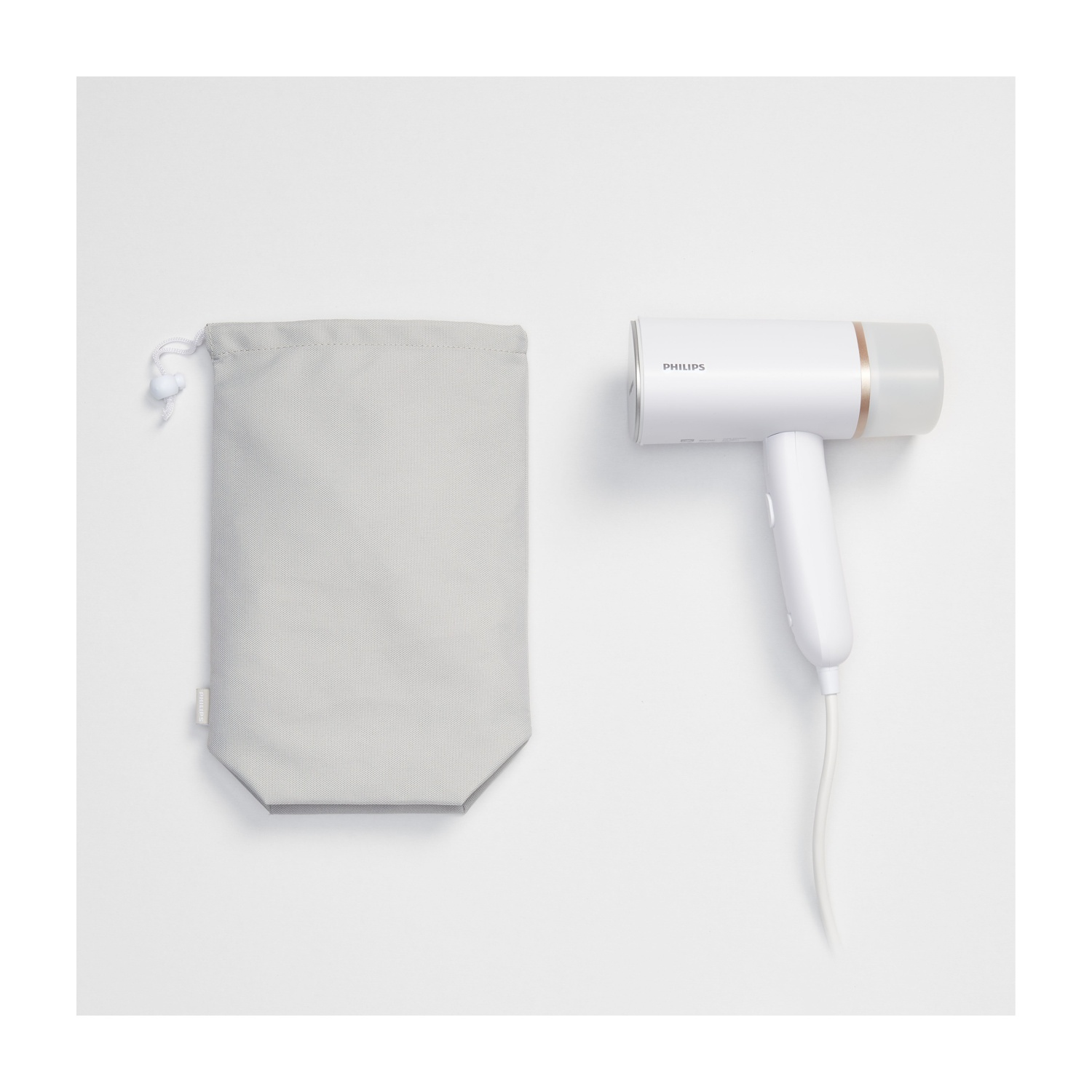 Vaporizzatore Philips bianco e custodia grigia su sfondo bianco. Vaporizzatore a destra, custodia a sinistra.
