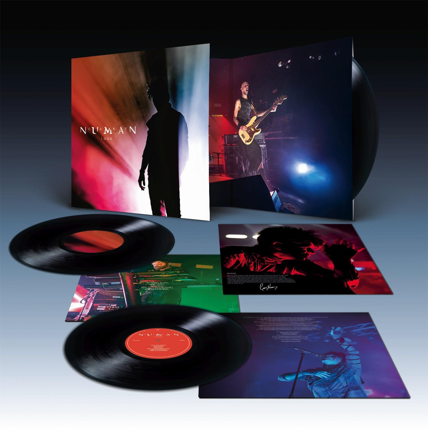 Albumcover und Schallplatten. Das Album zeigt eine Silhouette auf dem Cover. Andere Bilder zeigen eine Live-Performance.