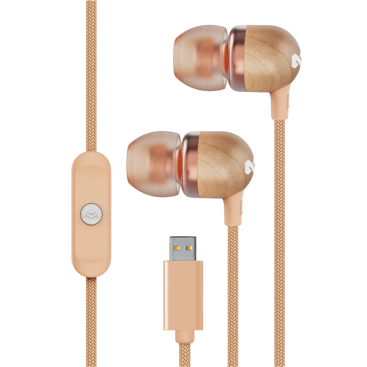 Earphones with wooden design, copper accents, and a peach-colored cable and connector. The background is black.