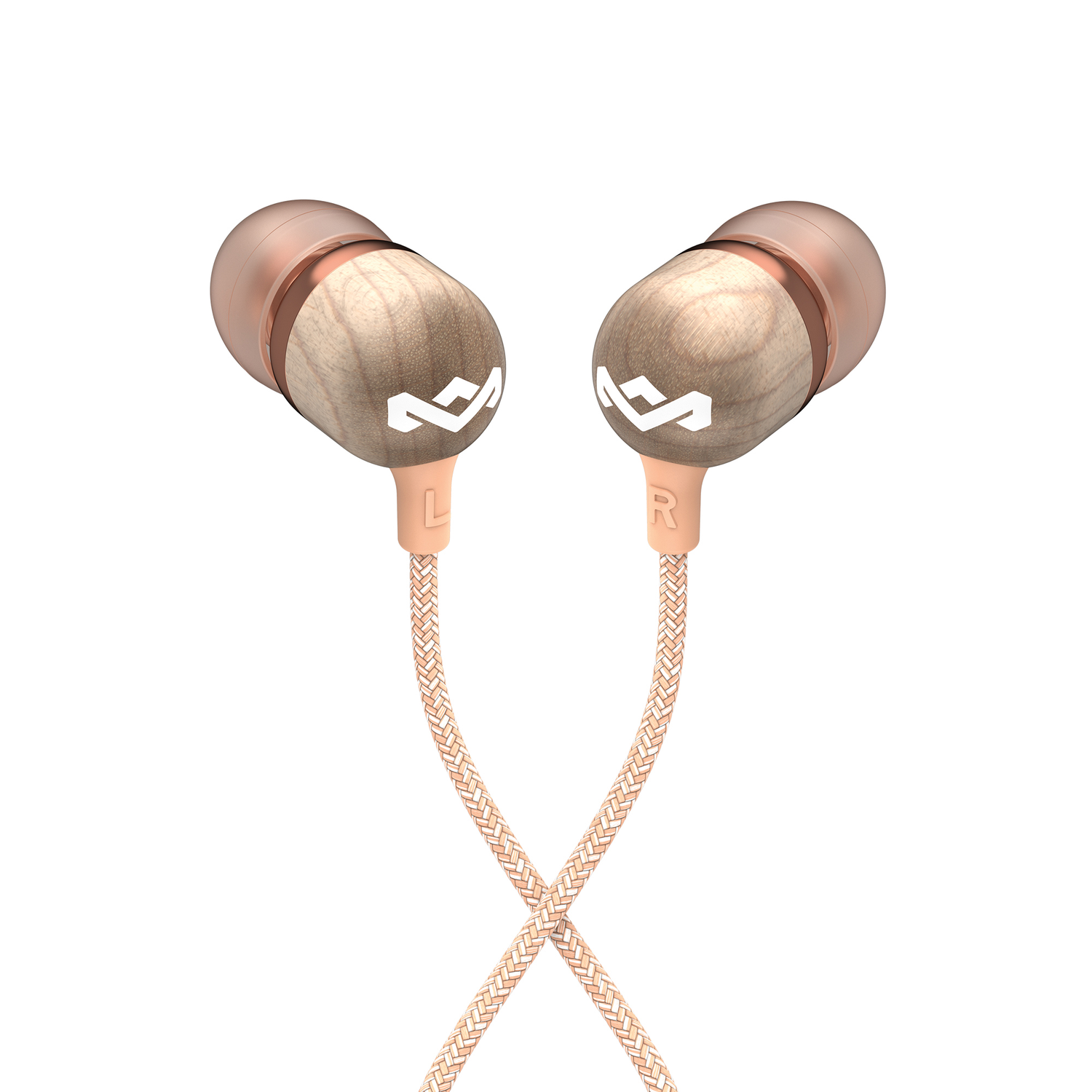 Two rose gold and wood earbuds, braided cord. 'L' and 'R' labels. White background.