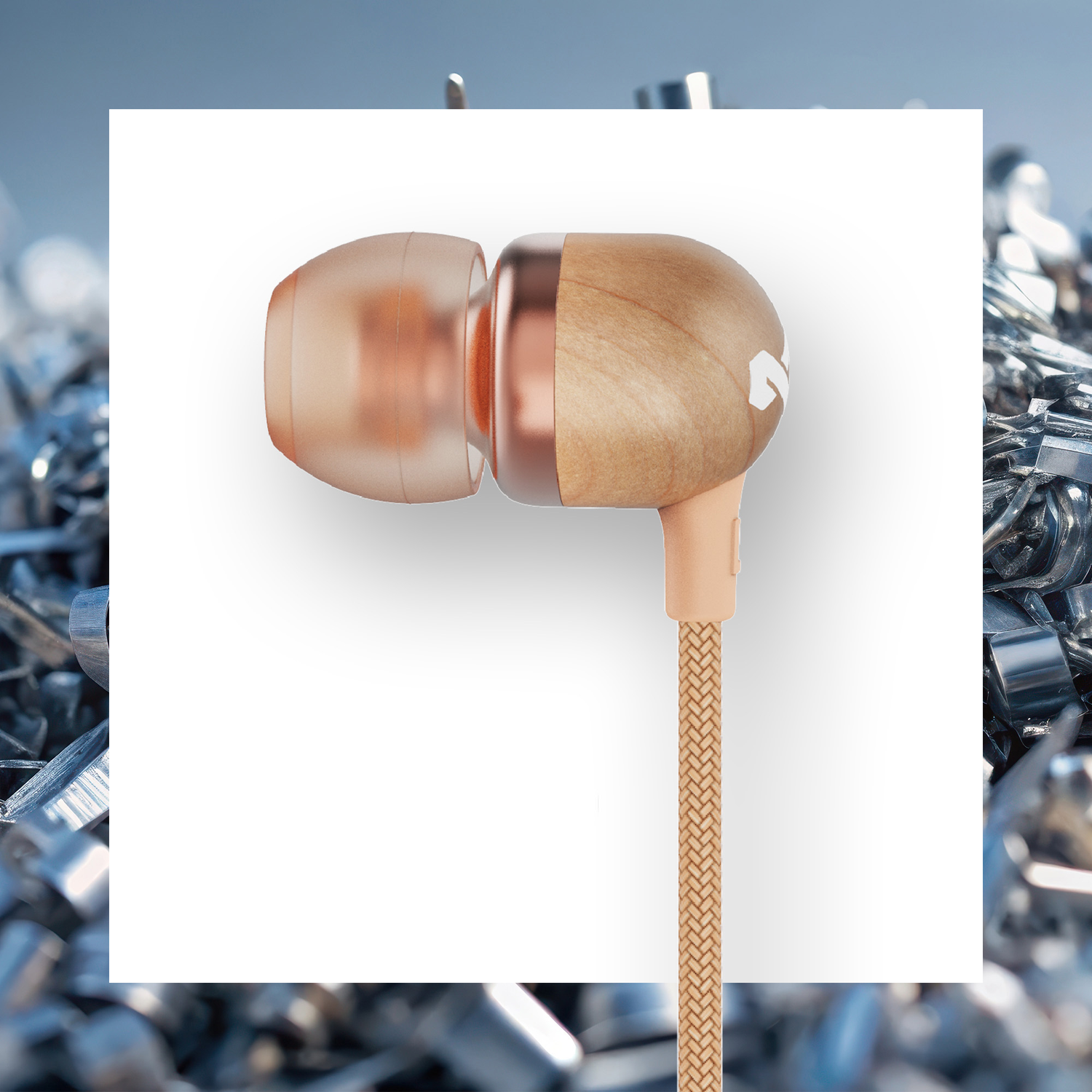 Earbuds, wood and rose gold design, white background. Braided cable, metallic background.