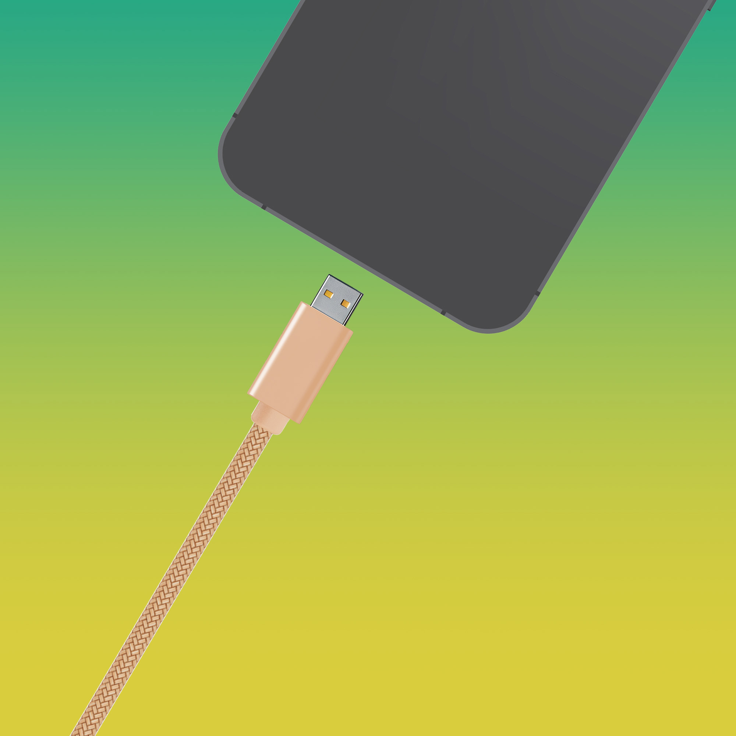 A smartphone is connected to a beige USB cable. The background is a gradient from green to yellow.