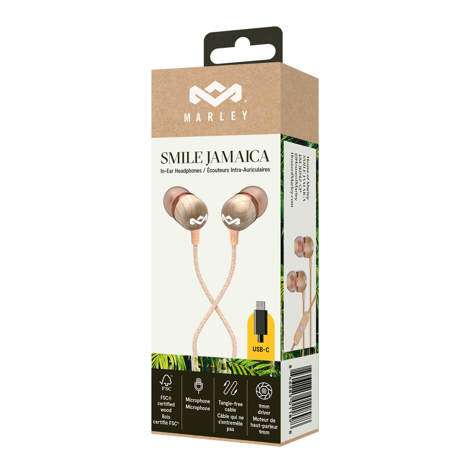 Earphones in a box with details about the product. The package is brown, the earphones are visible.