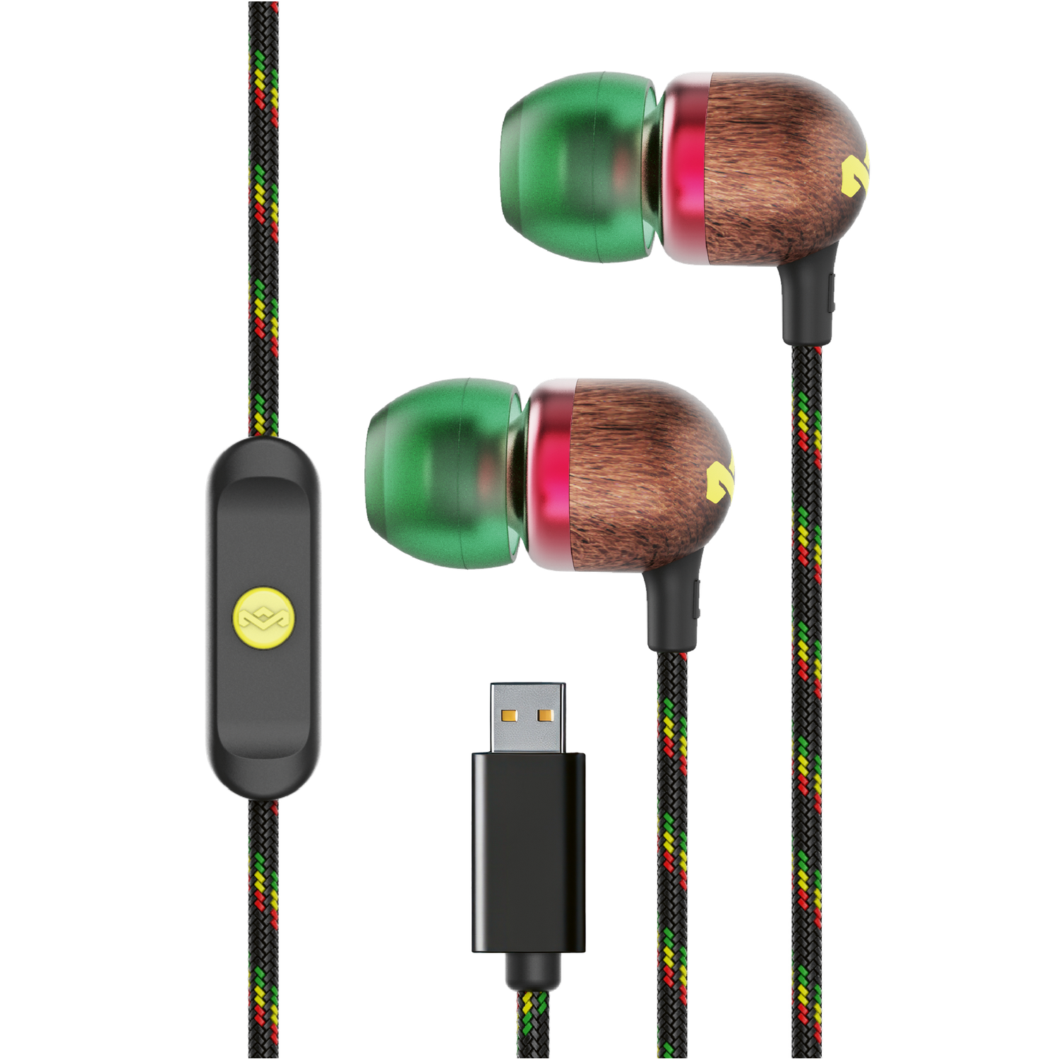 Earphones with wooden-style earpieces, green tips, and a black cord with red, yellow, and green accents. USB plug at the bottom.