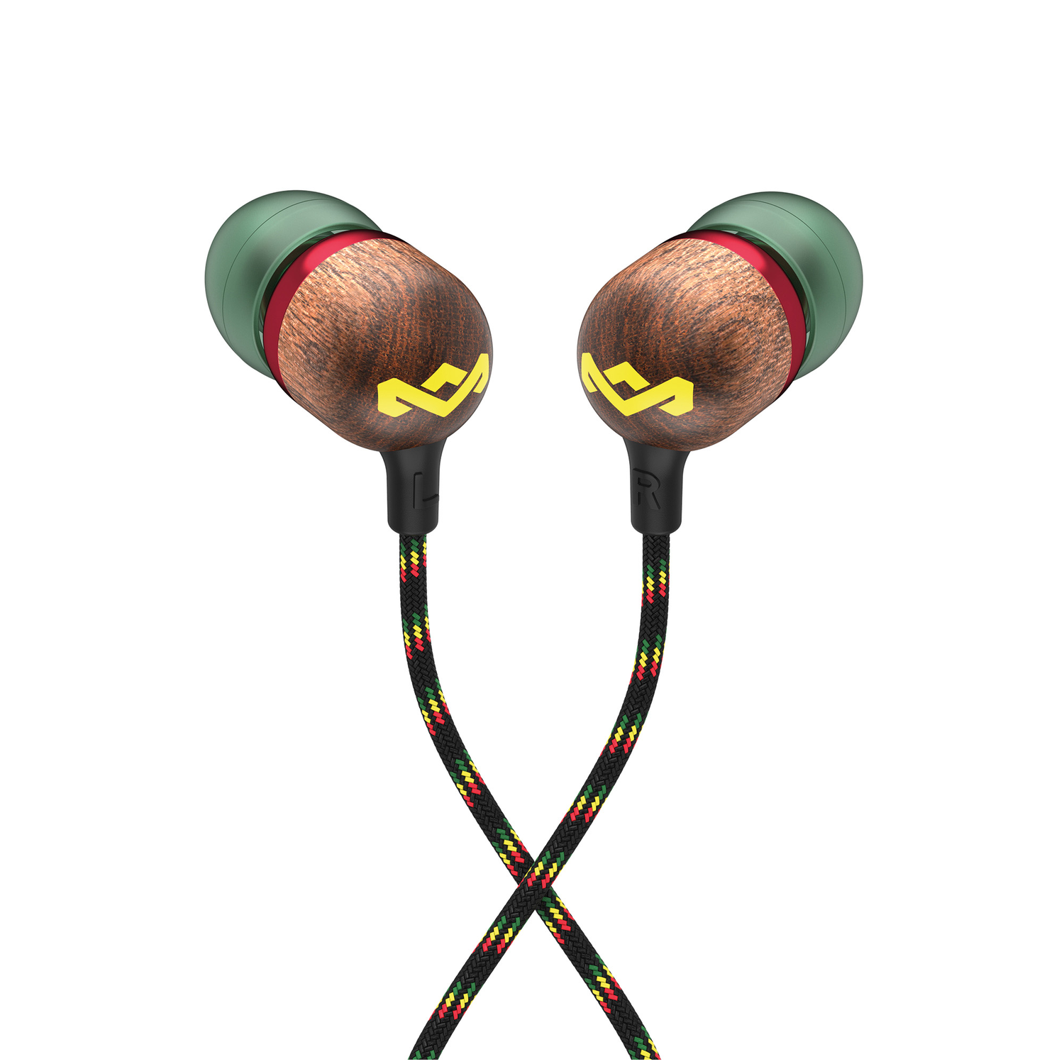 Two wooden earbuds with green and red accents, yellow logo, and black, red, yellow braided cords, against a white background.