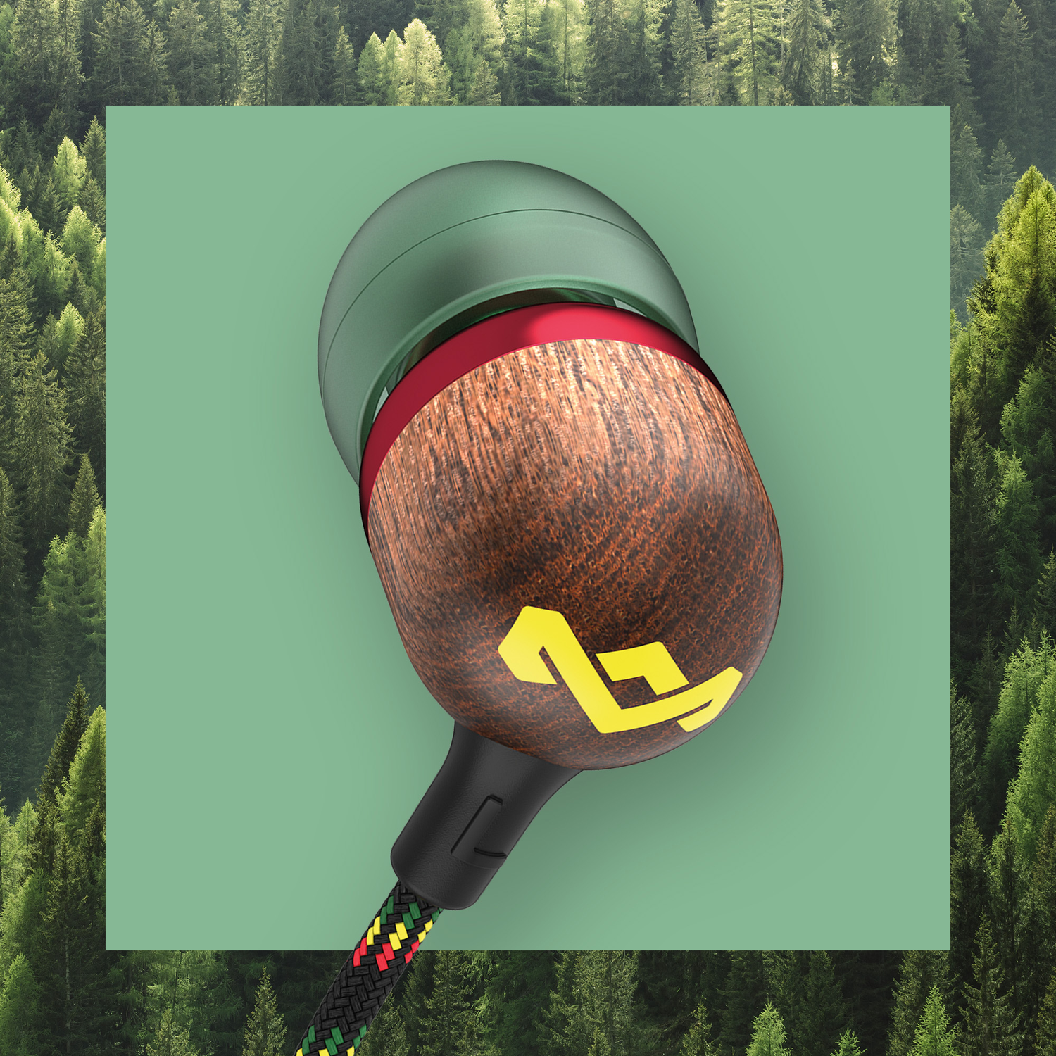 Earbud with wood grain finish, yellow logo, green and red accents. The wire has a braided pattern with black, yellow, red, and green.
