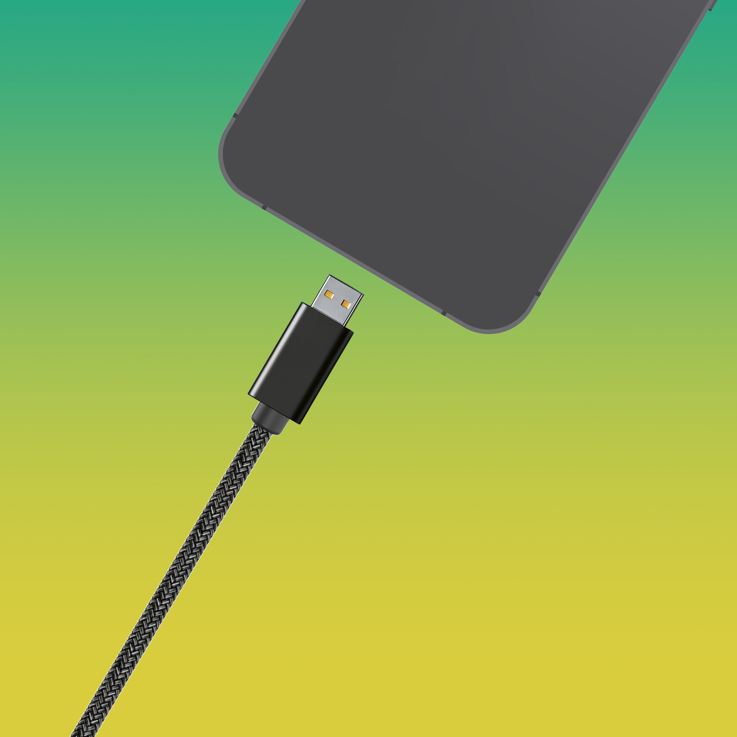 Een zwarte USB-kabel is verbonden met een grijze telefoon. De achtergrond is een verloop van groen en geel.
