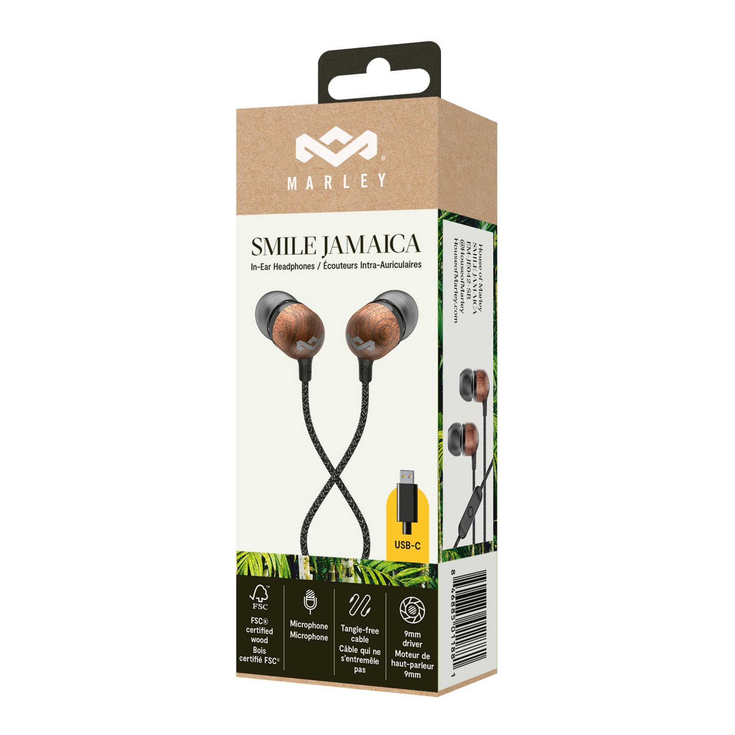 Doos met Marley Smile Jamaica in-ear oortelefoons. Bruine en zwarte oortelefoons met een USB-C-kabel, op een lichtbruine kartonnen doos.