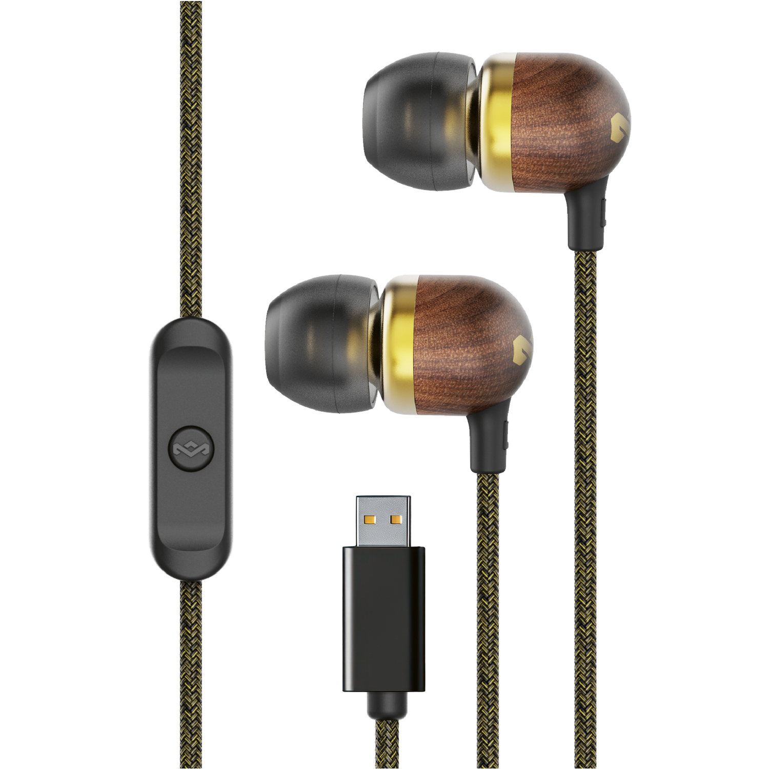 Oordopjes met houten afwerking, gouden accenten en een USB-C-connector, zwarte inline-afstandsbediening en gevlochten kabel. De achtergrond is zwart.