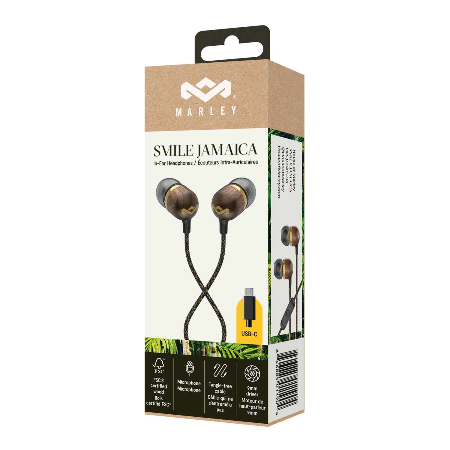 Een doos Marley Smile Jamaica in-ear oortelefoons. De doos toont het product, kenmerken en merkdetails.