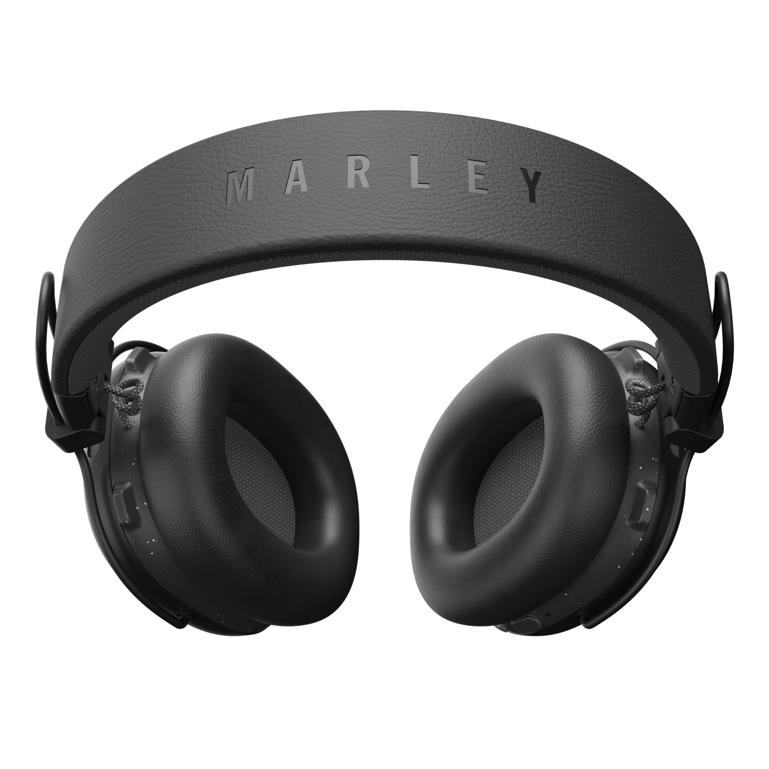 Black Marley headphones on a black background. The headband says MARLEY. Earcups are circular, with grey mesh inside. 