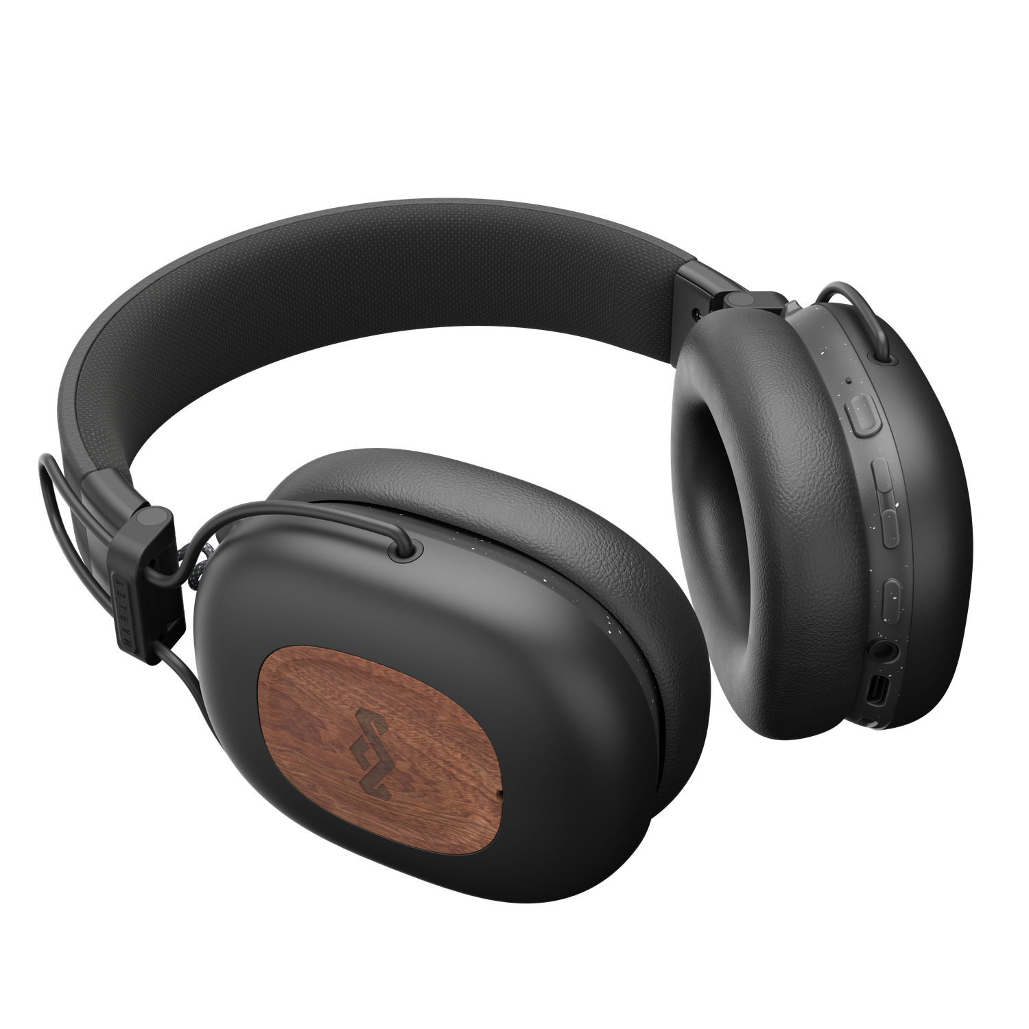 Black wireless headphones with wooden ear cup detail, set against a dark background. The headphones are angled.