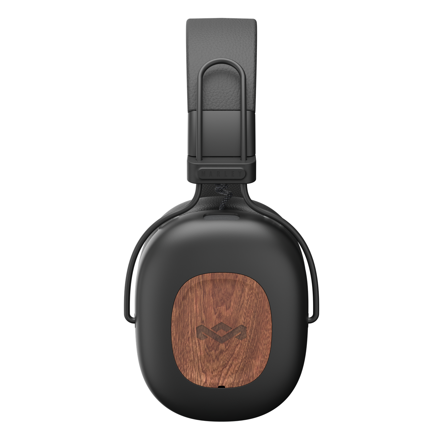 Black headphones with wooden panel detail and silver accents on a black background.