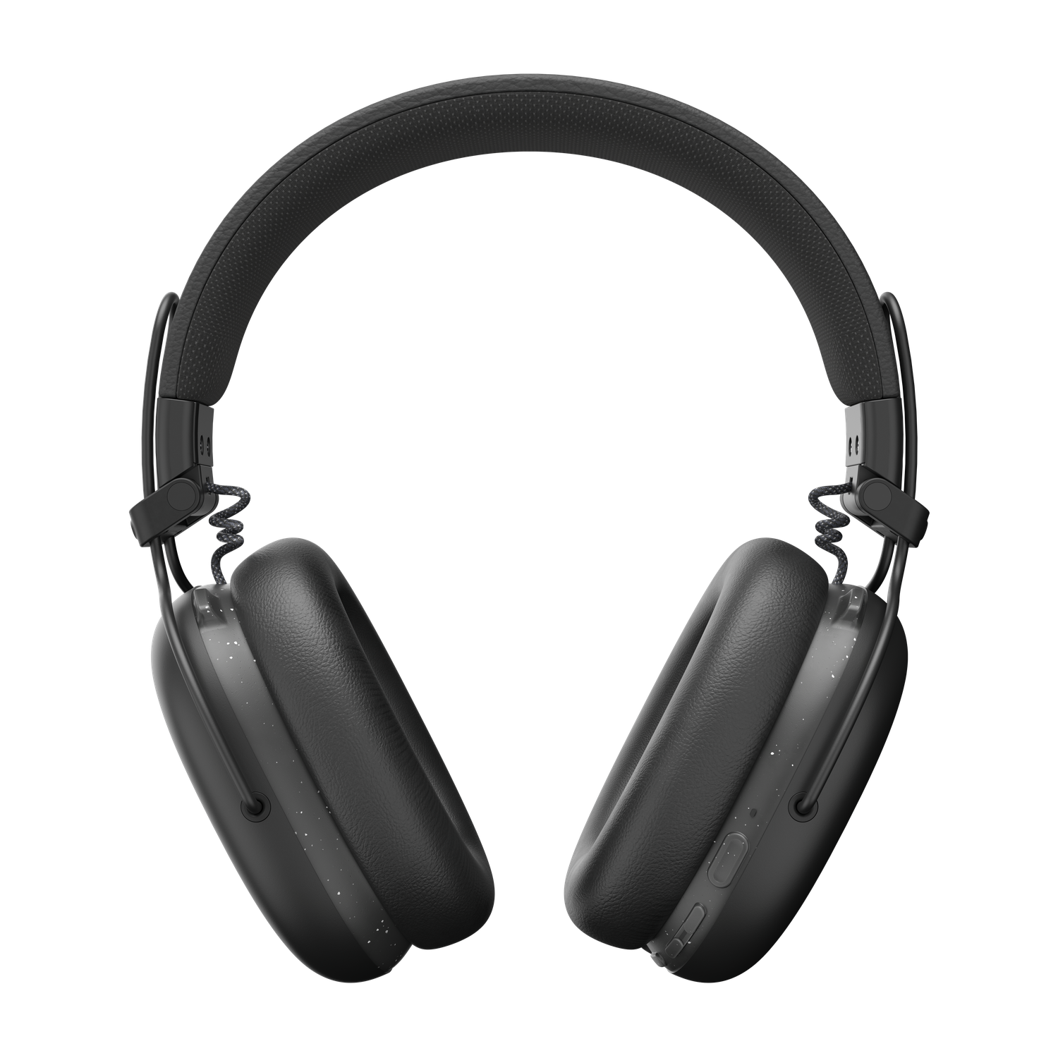 Black over-ear headphones with a padded headband and earcups. A few white spots can be seen on the earcup. The background is black.