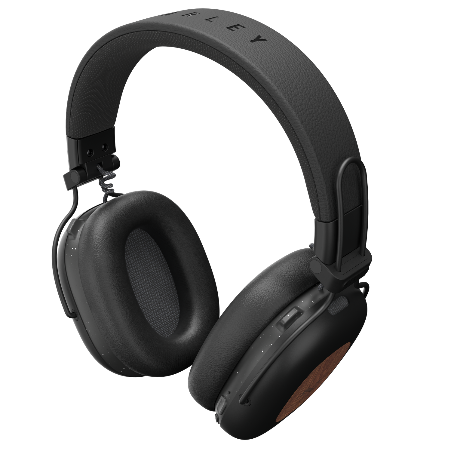 Black wireless headphones. Earcups and headband are black. The earcup has a wooden detail. The background is plain black.