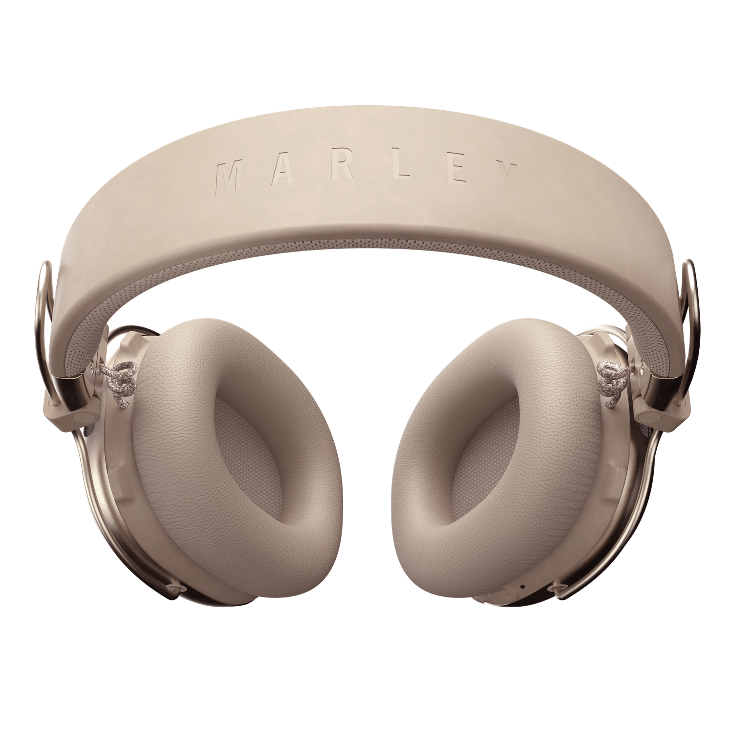 Casque Marley beige sur fond noir. Le bandeau indique 'MARLEY'. Les écouteurs sont circulaires, avec un cadre métallique.